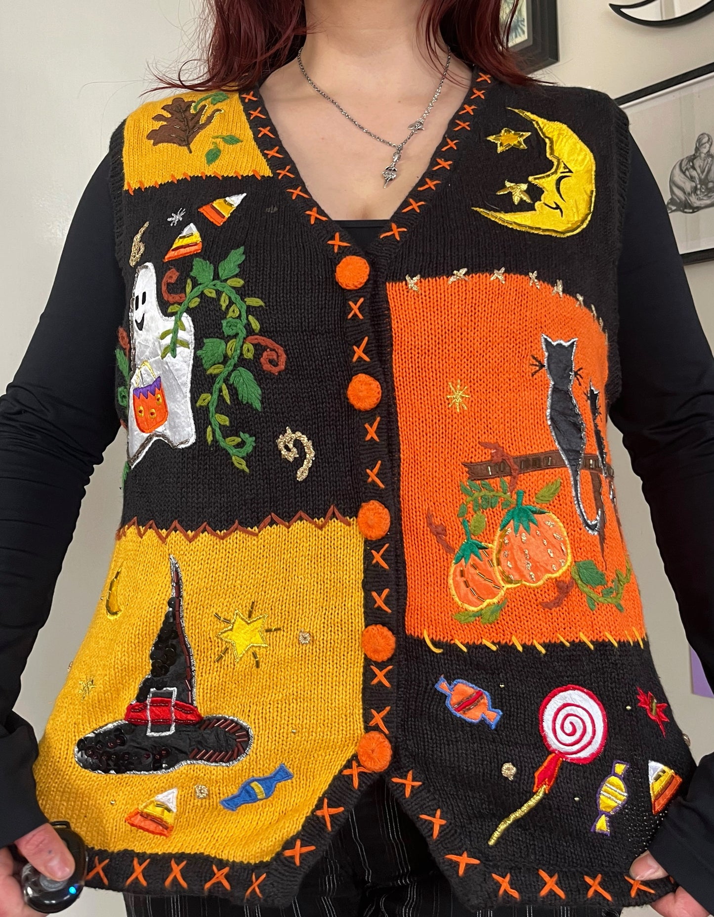 Ghost Town 1990s Halloween Sweater Vest L
