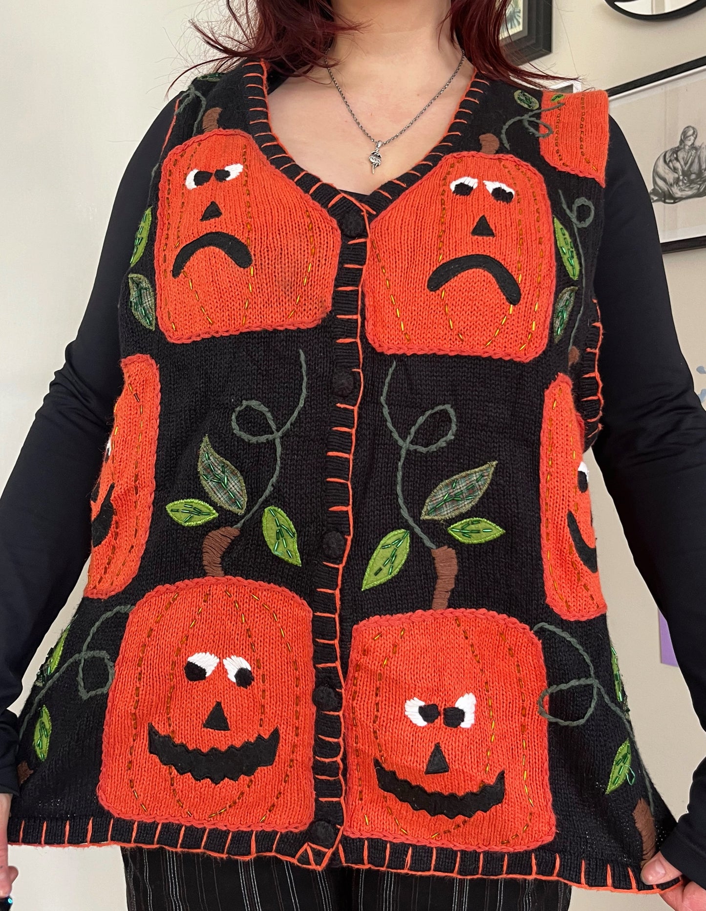 Jack O' Lantern 1990s Halloween Sweater Vest XL