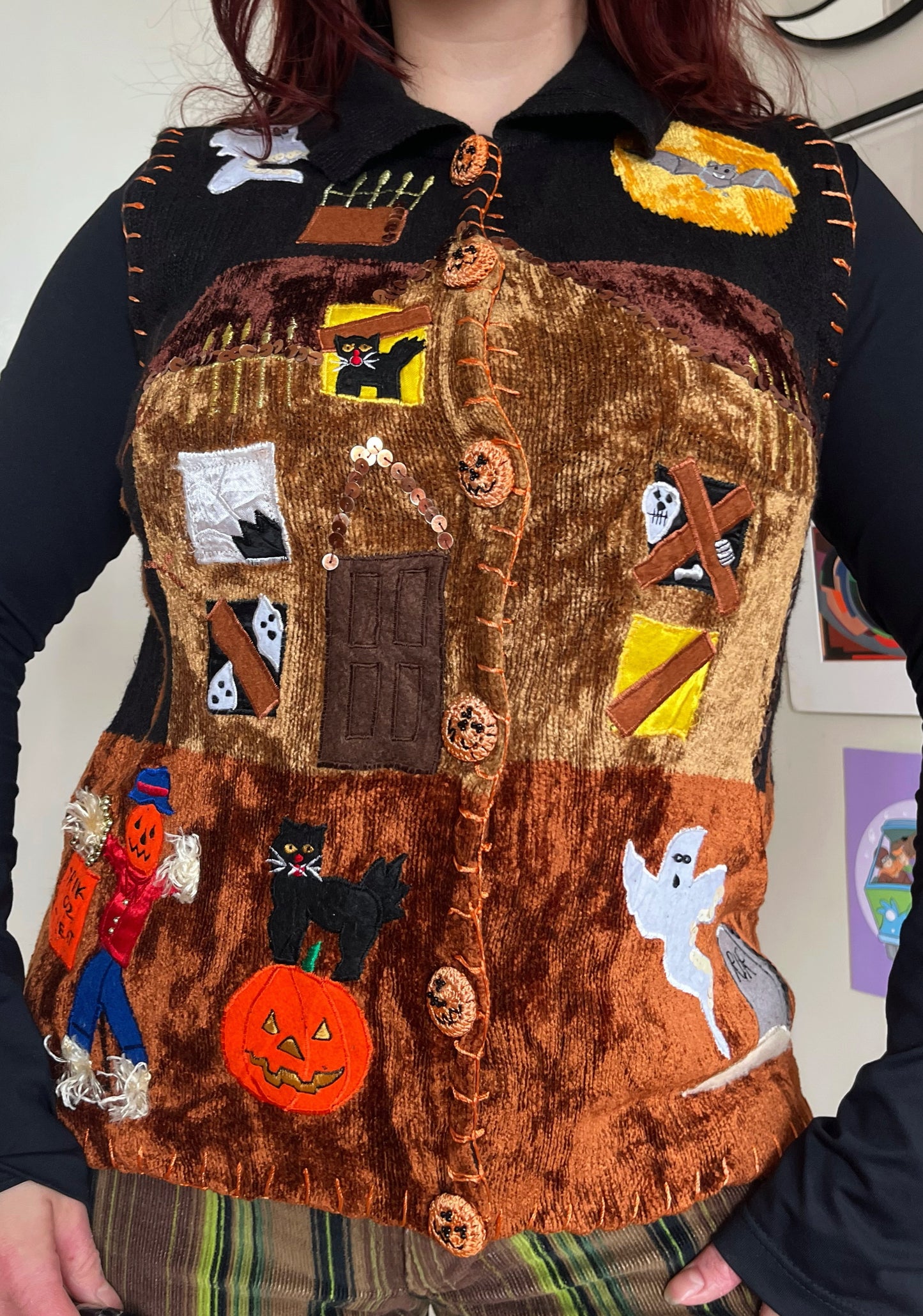 Haunted House 1990s Halloween Sweater Vest S-M