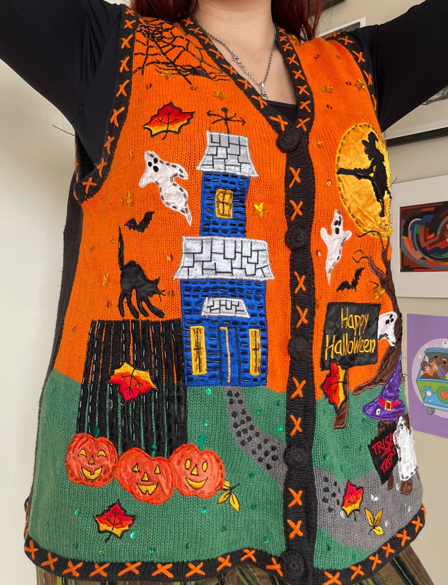 Ghost Town 1990s Halloween Sweater Vest L