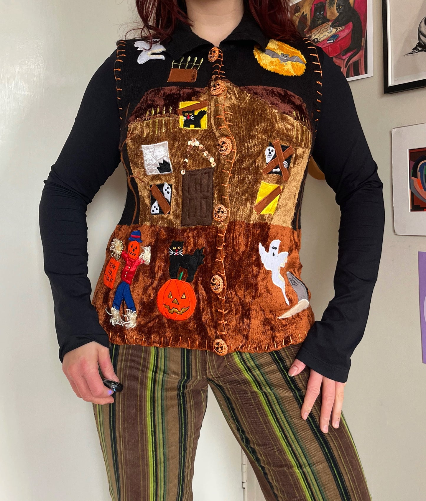 Haunted House 1990s Halloween Sweater Vest S-M