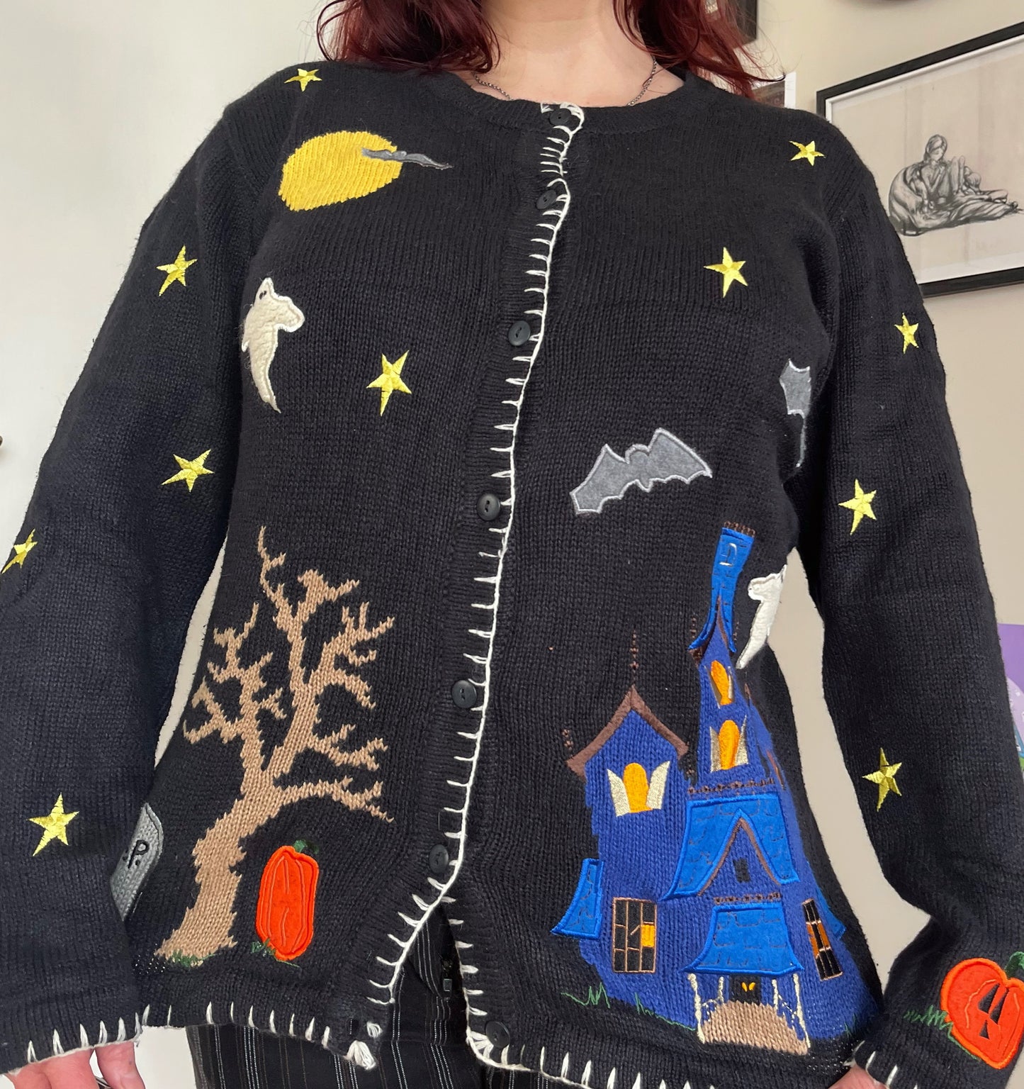 Haunted House 1990s Halloween Cardigan S/M