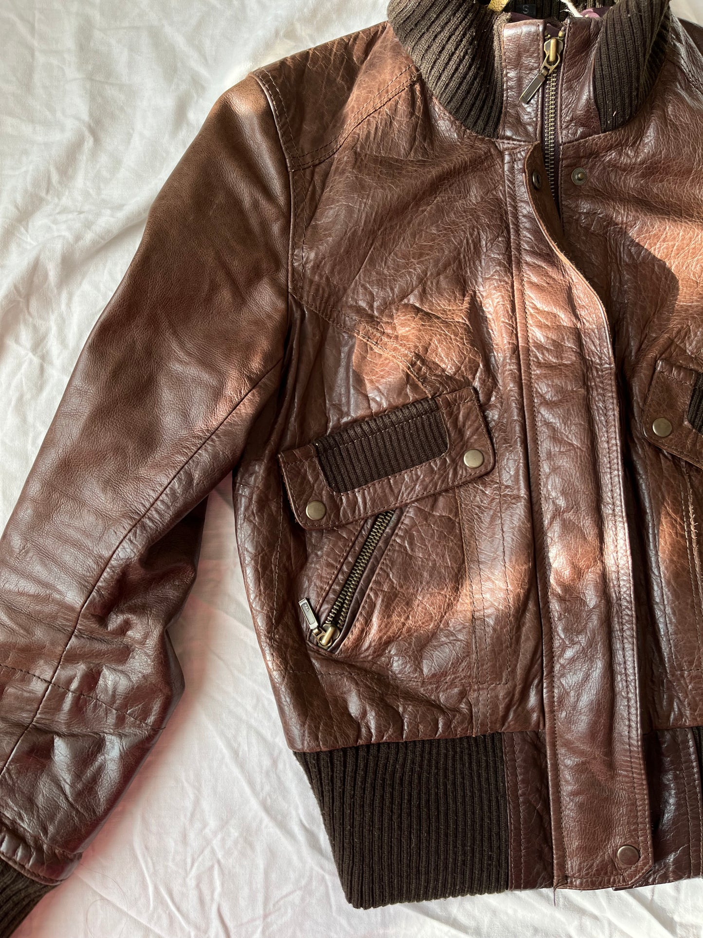 Brown Leather Bomber Jacket UK 8-10
