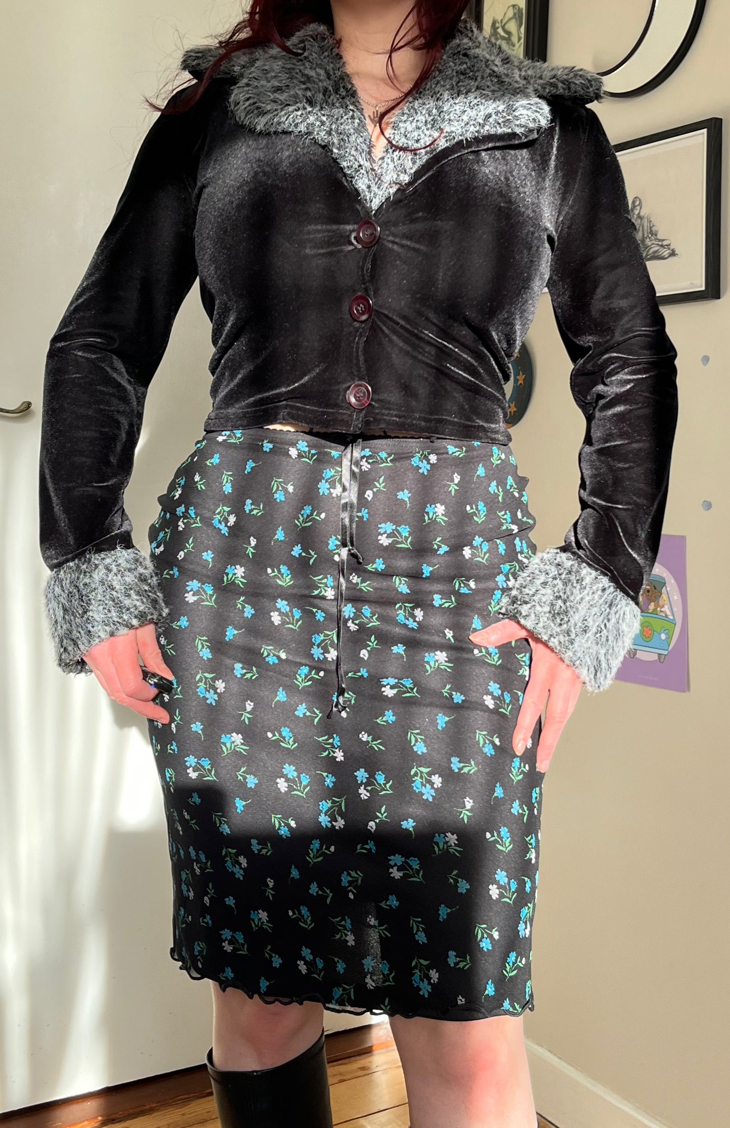 Black Floral Mesh Midi Skirt - UK 8-10