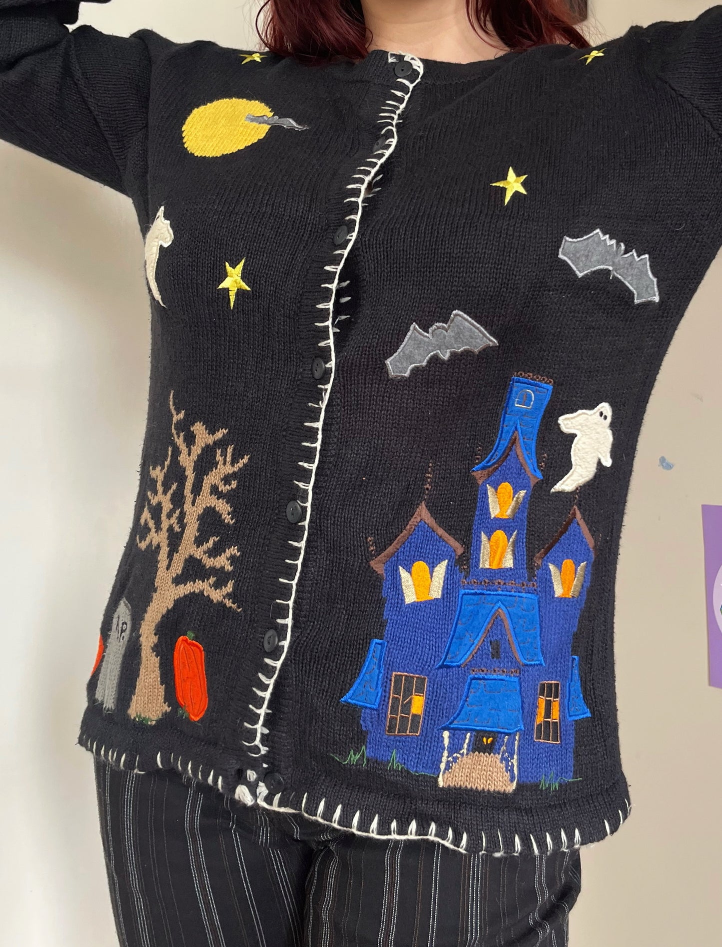 Haunted House 1990s Halloween Cardigan S/M