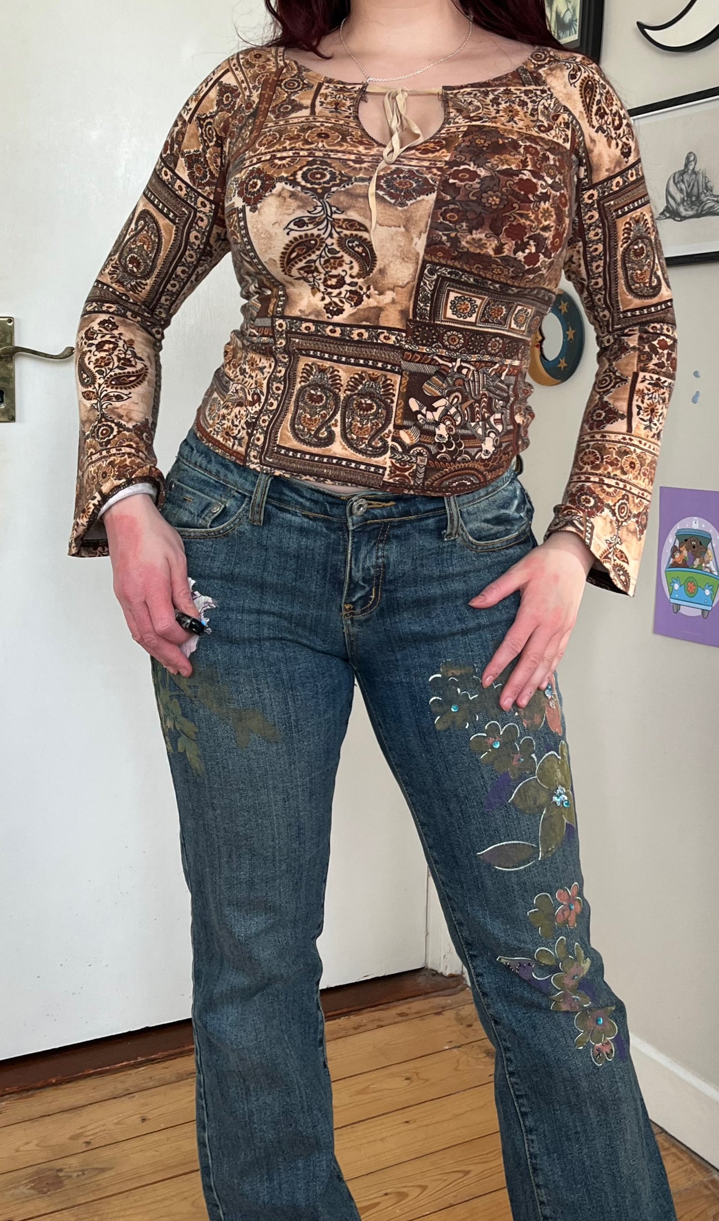 Flared Jeans With A Painted Design - UK 10