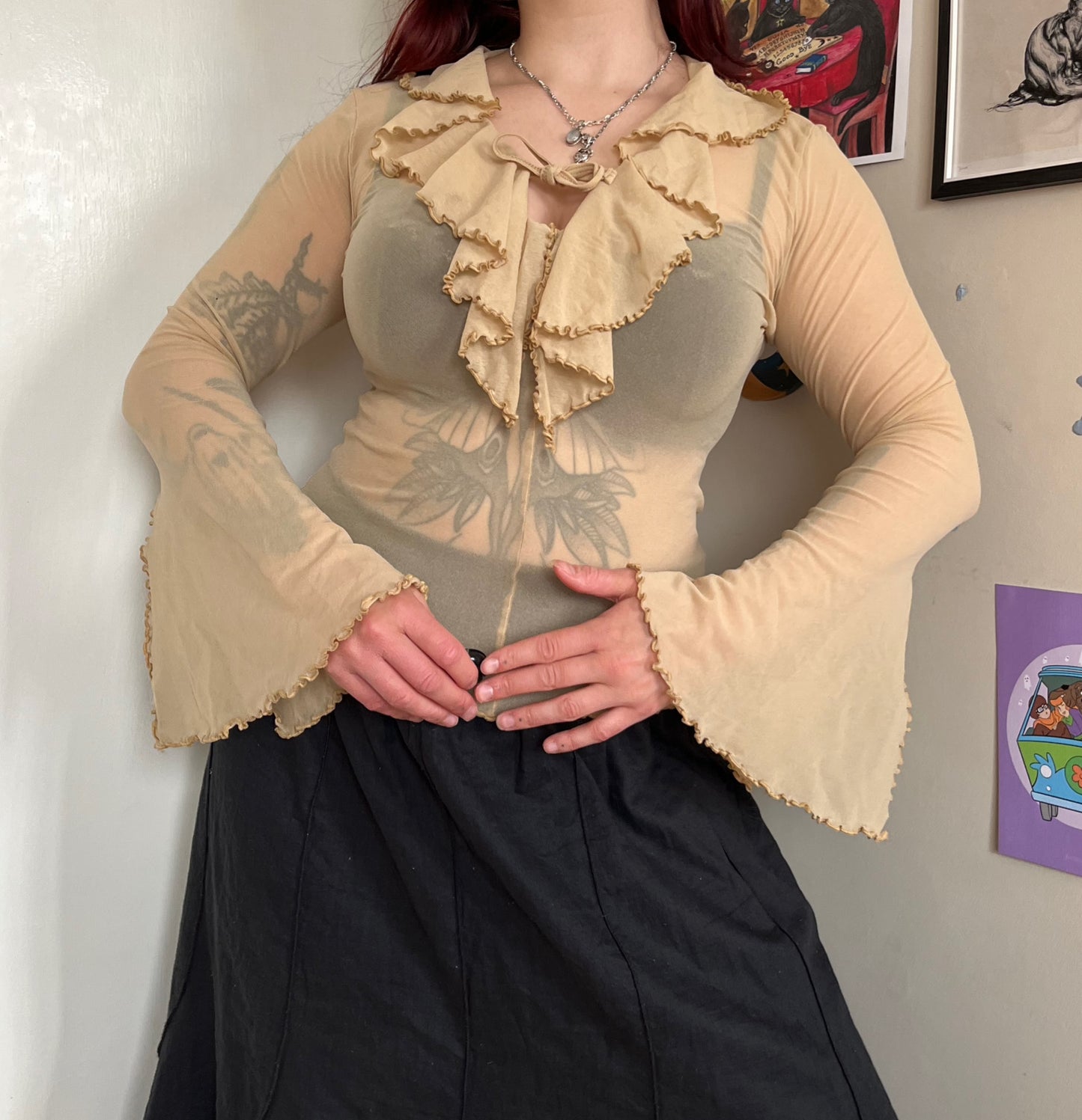 Cream Mesh Flared Sleeve Top UK 6-10