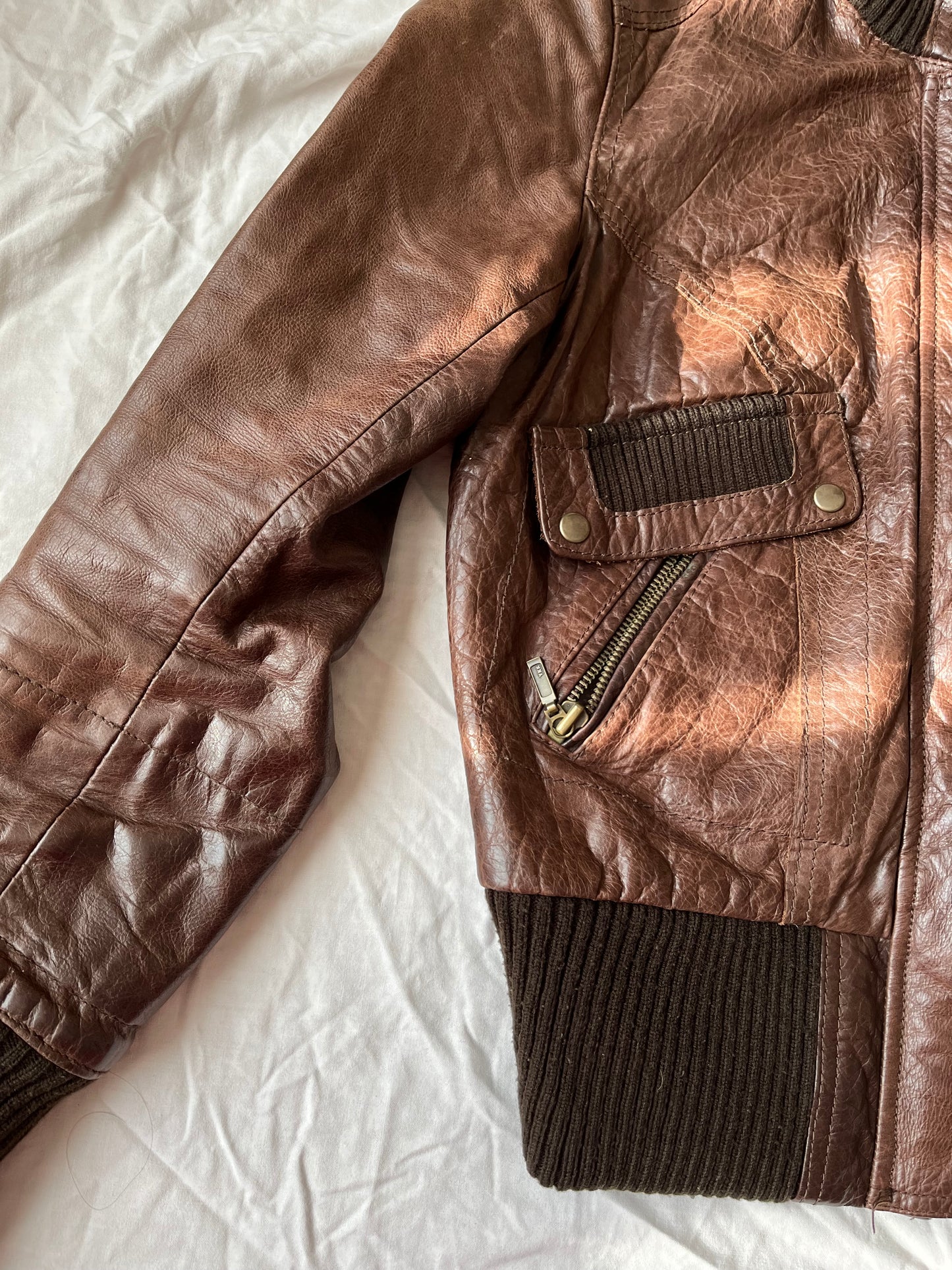 Brown Leather Bomber Jacket UK 8-10