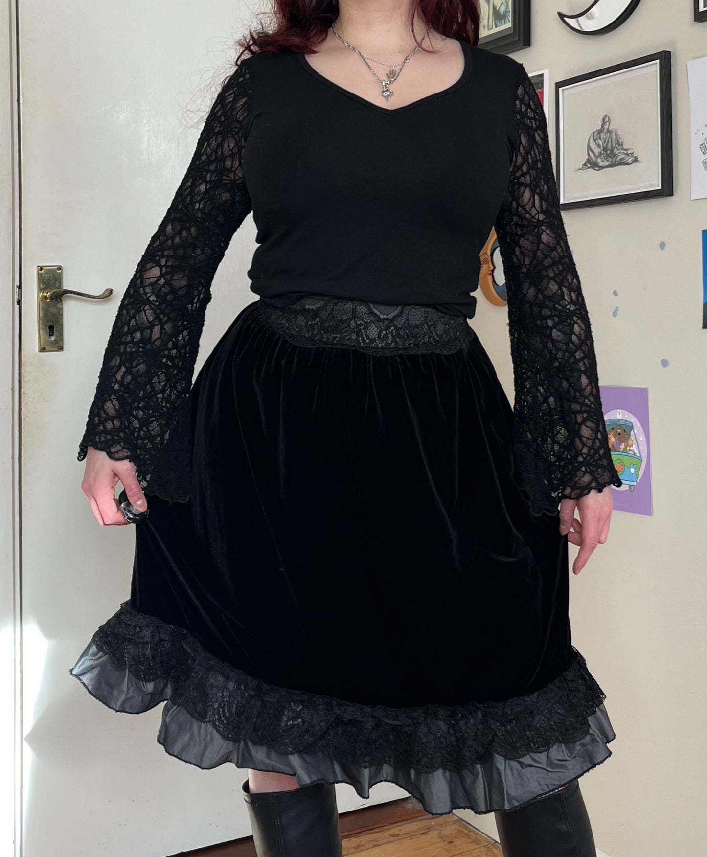 Black Velvet Midi Skirt UK 12