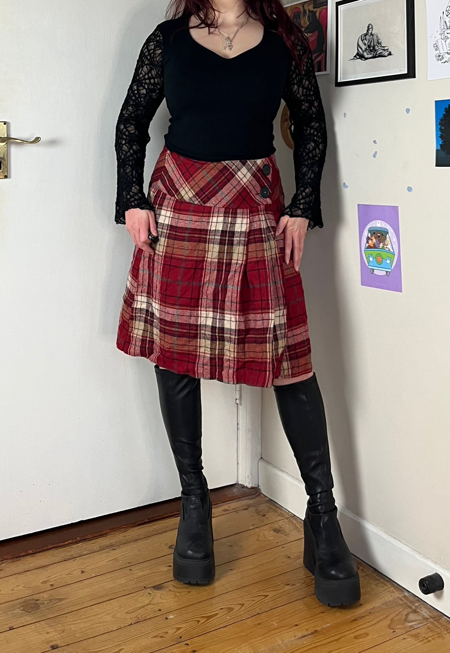 Red Tartan Midi Skirt UK 14