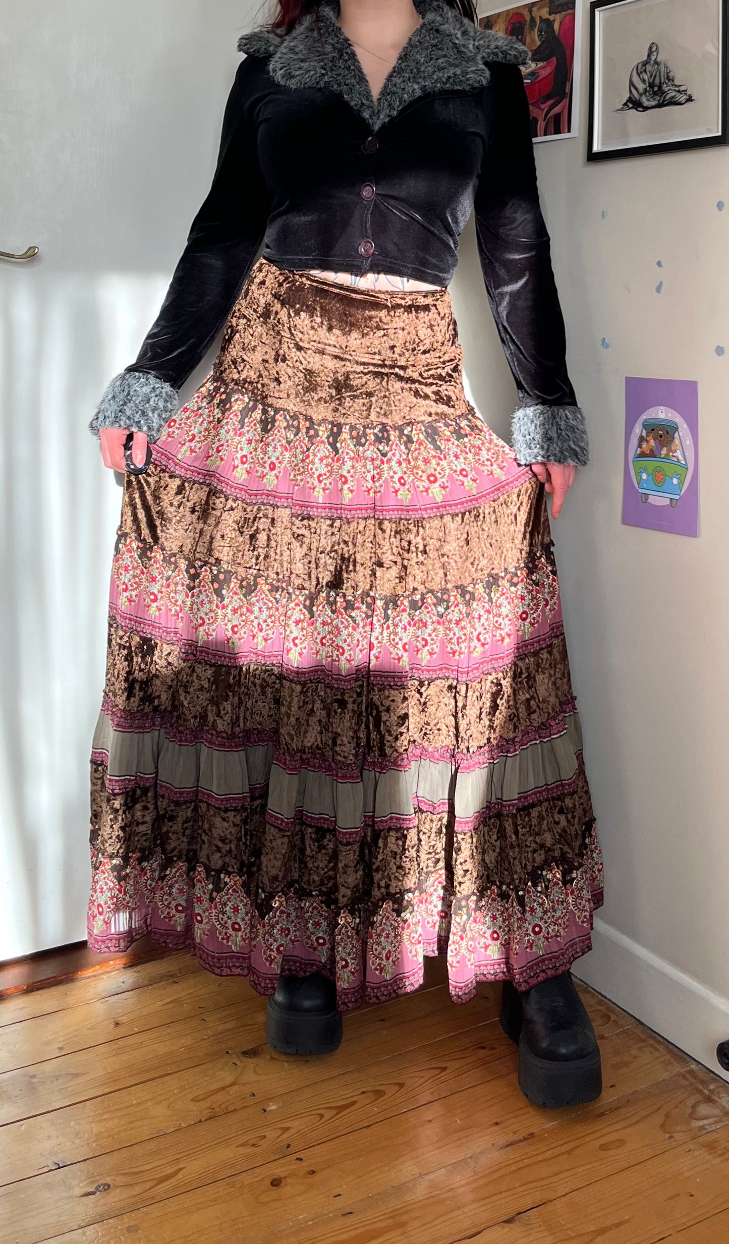 Velvet And Mesh Silk Maxi Skirt  - UK 10