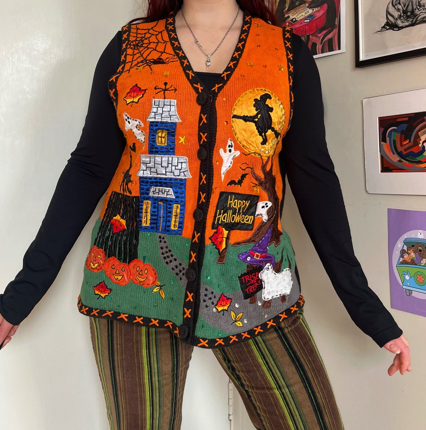 Ghost Town 1990s Halloween Sweater Vest L