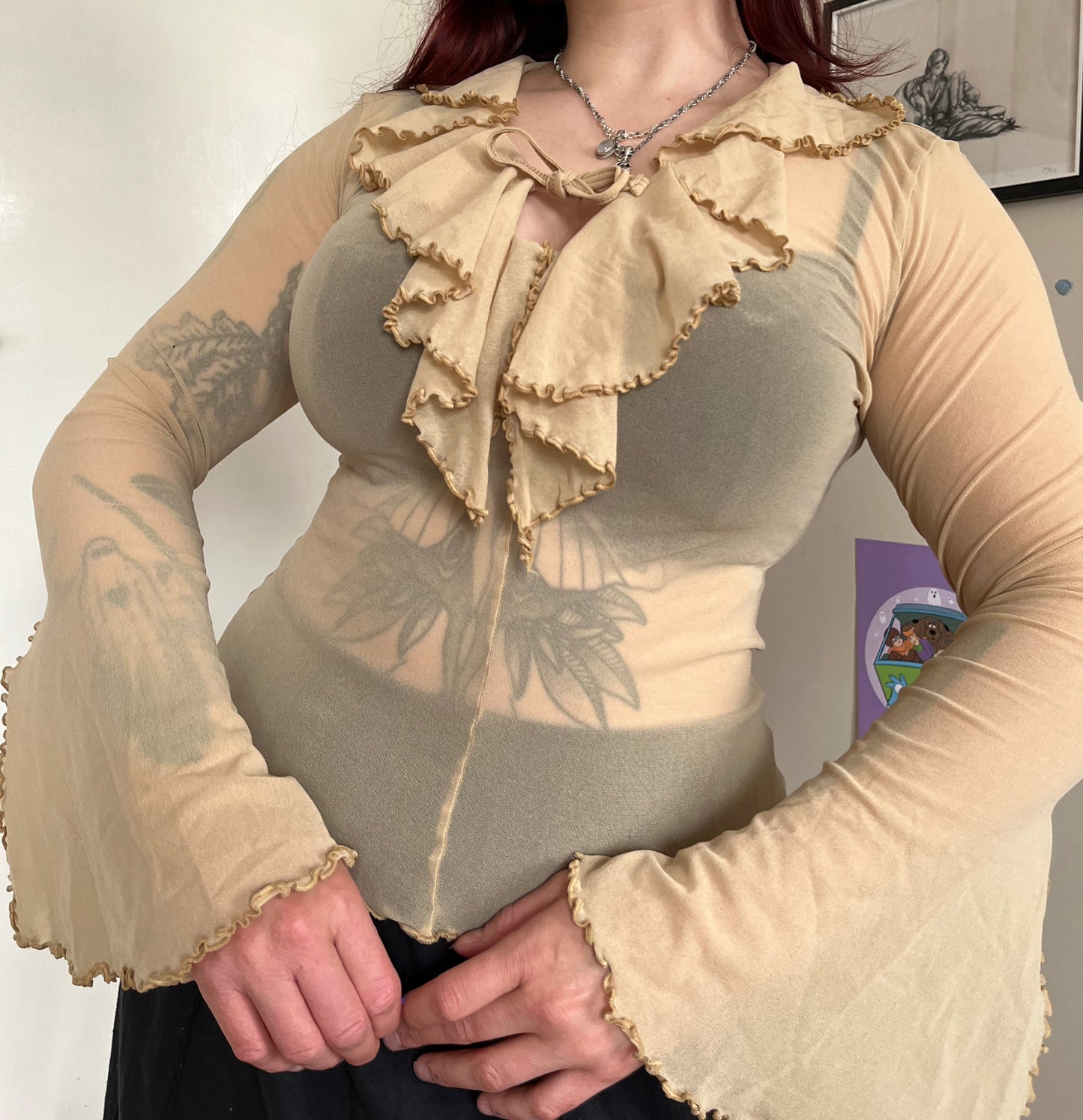 Cream Mesh Flared Sleeve Top UK 6-10