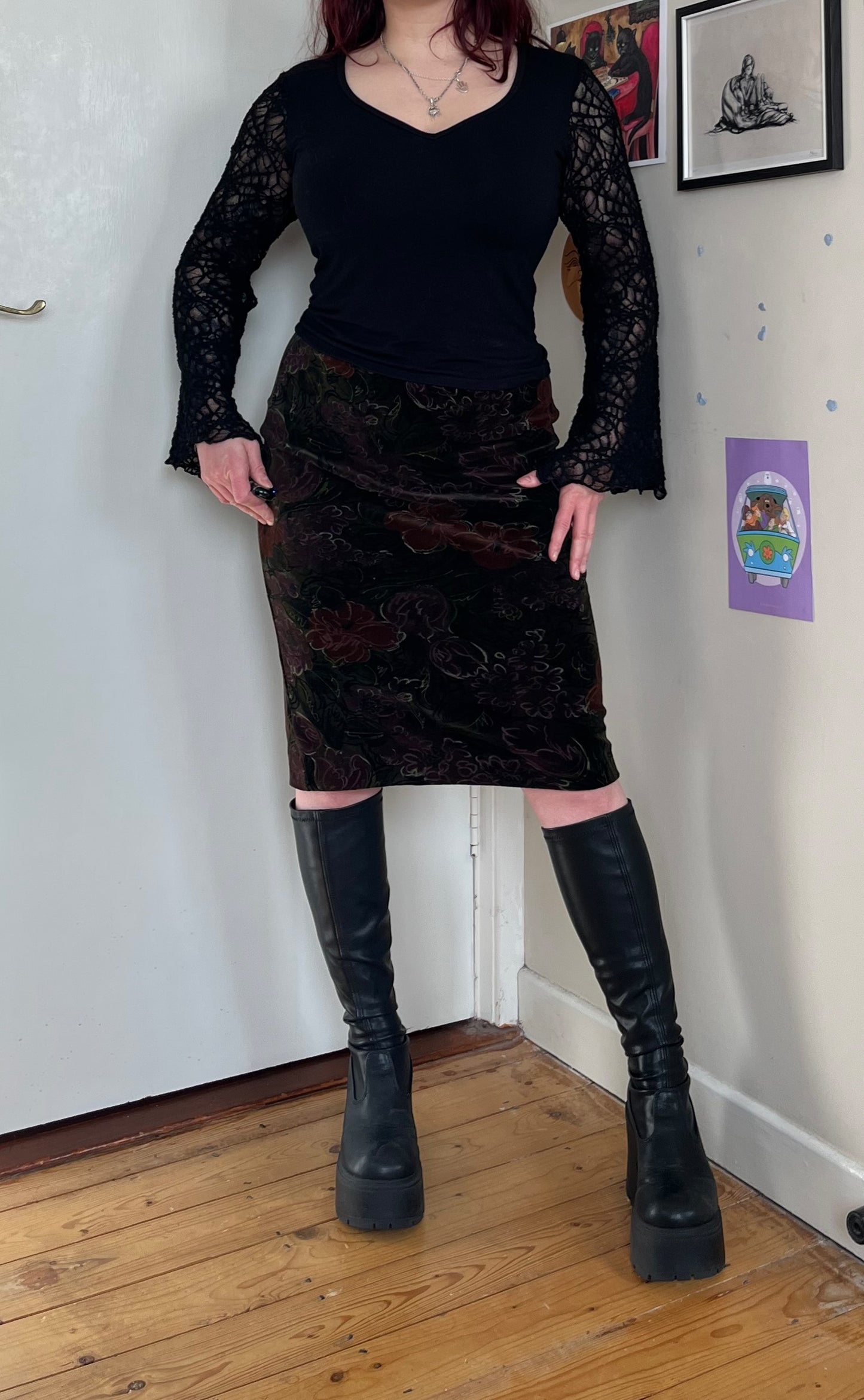 Floral Velvet Midi Skirt UK 8-10