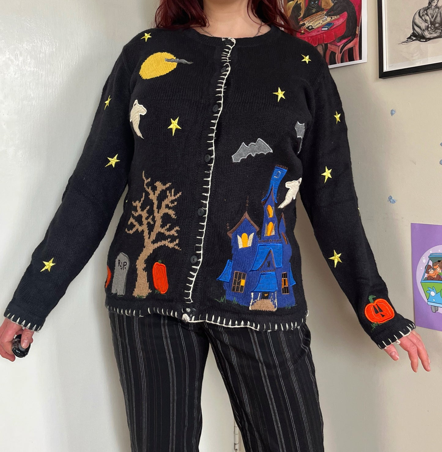 Haunted House 1990s Halloween Cardigan S/M