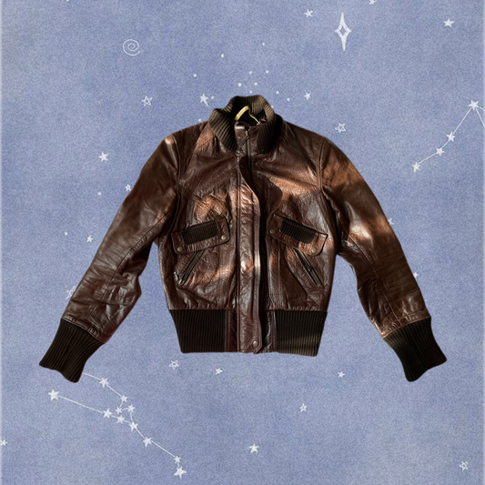 Brown Leather Bomber Jacket UK 8-10