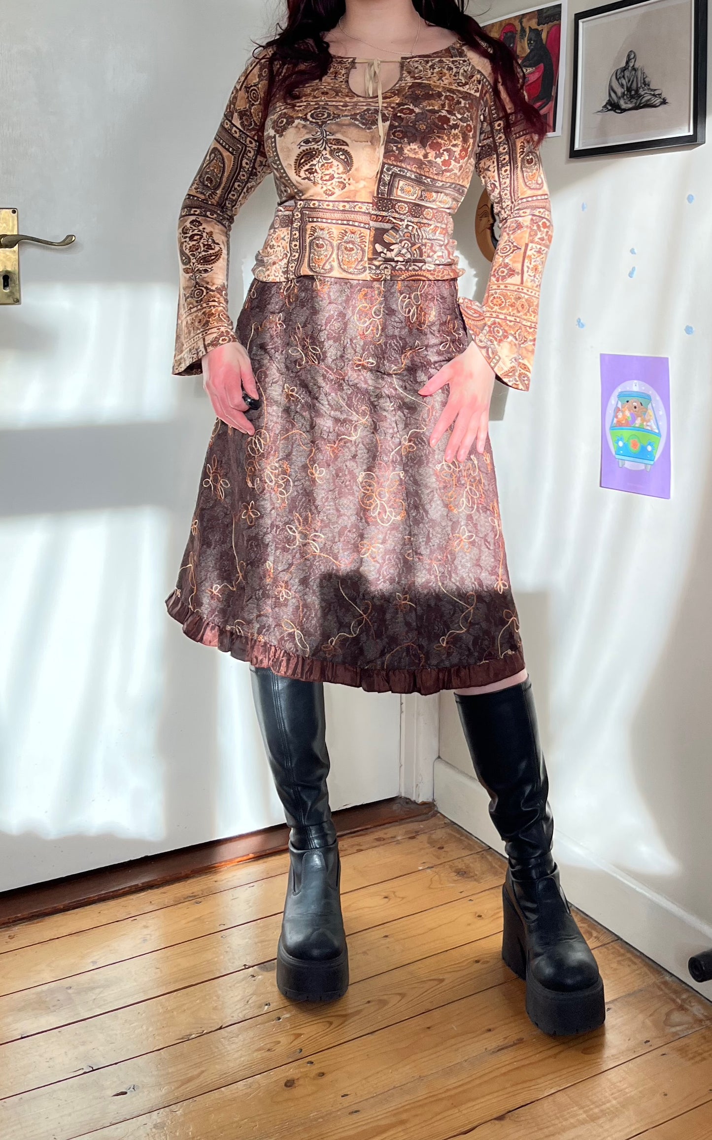 Brown Lacey Midi Skirt - UK 8