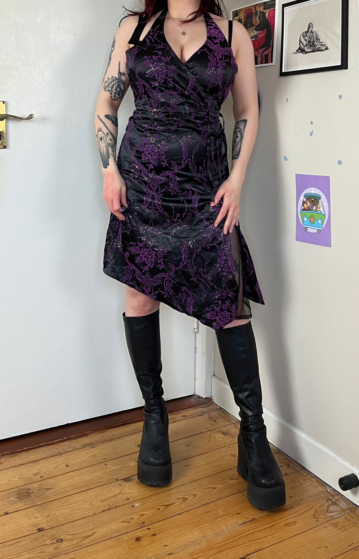 Black/Purple Halter Dress - UK 10