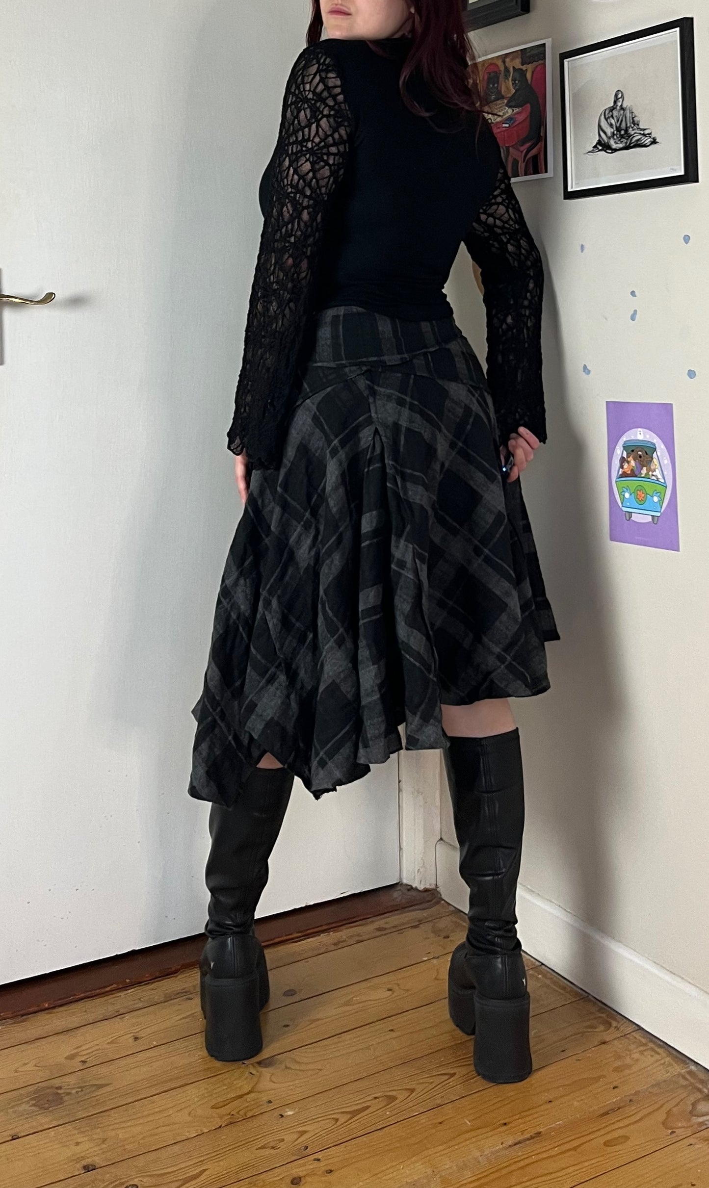 Black/Grey Tartan Midi Skirt UK 12