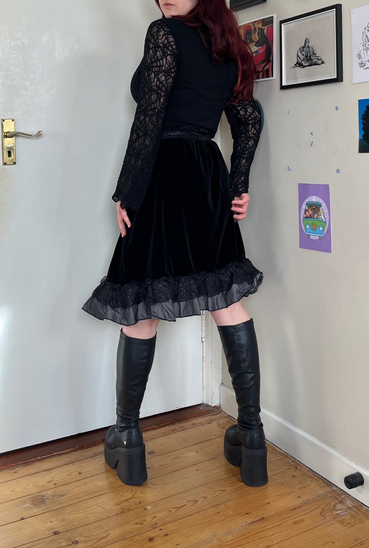 Black Velvet Midi Skirt UK 12