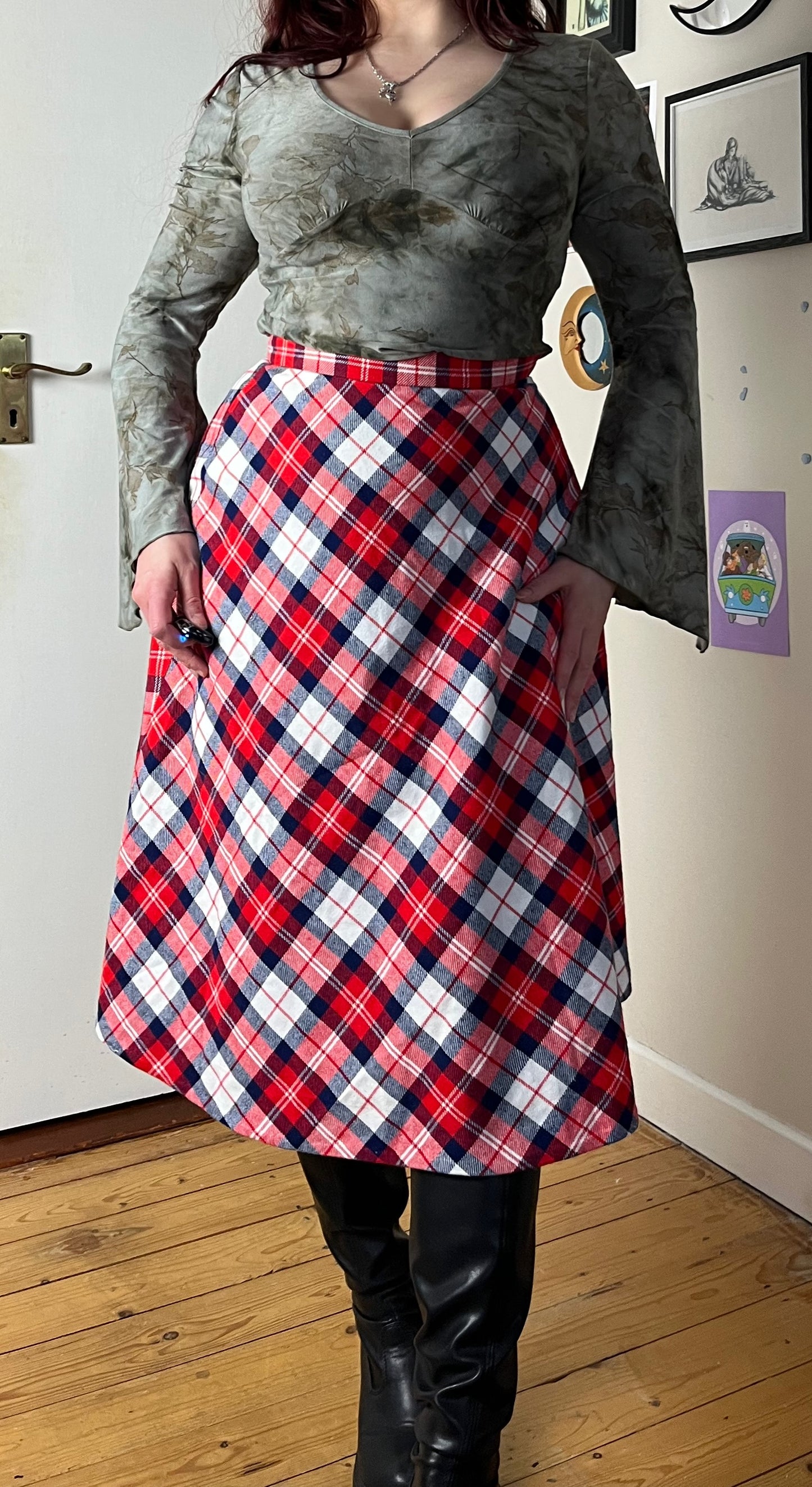 Red Tartan Midi Skirt UK 8