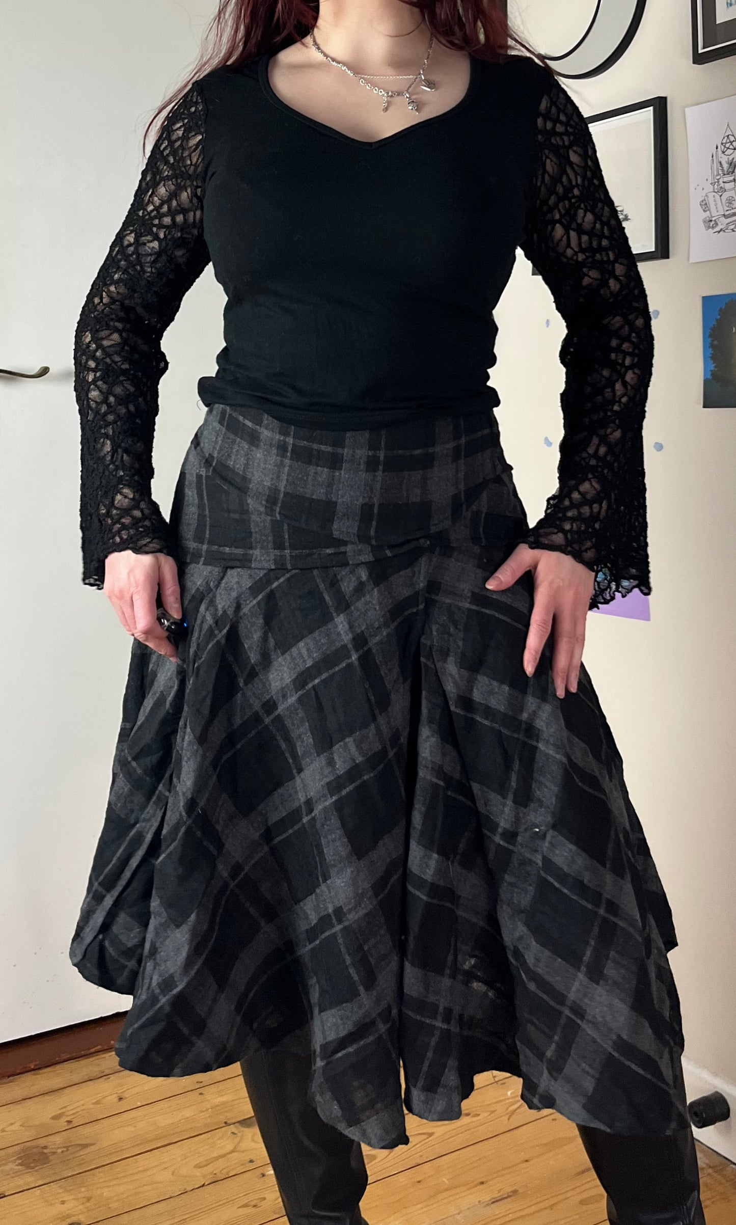 Black/Grey Tartan Midi Skirt UK 12
