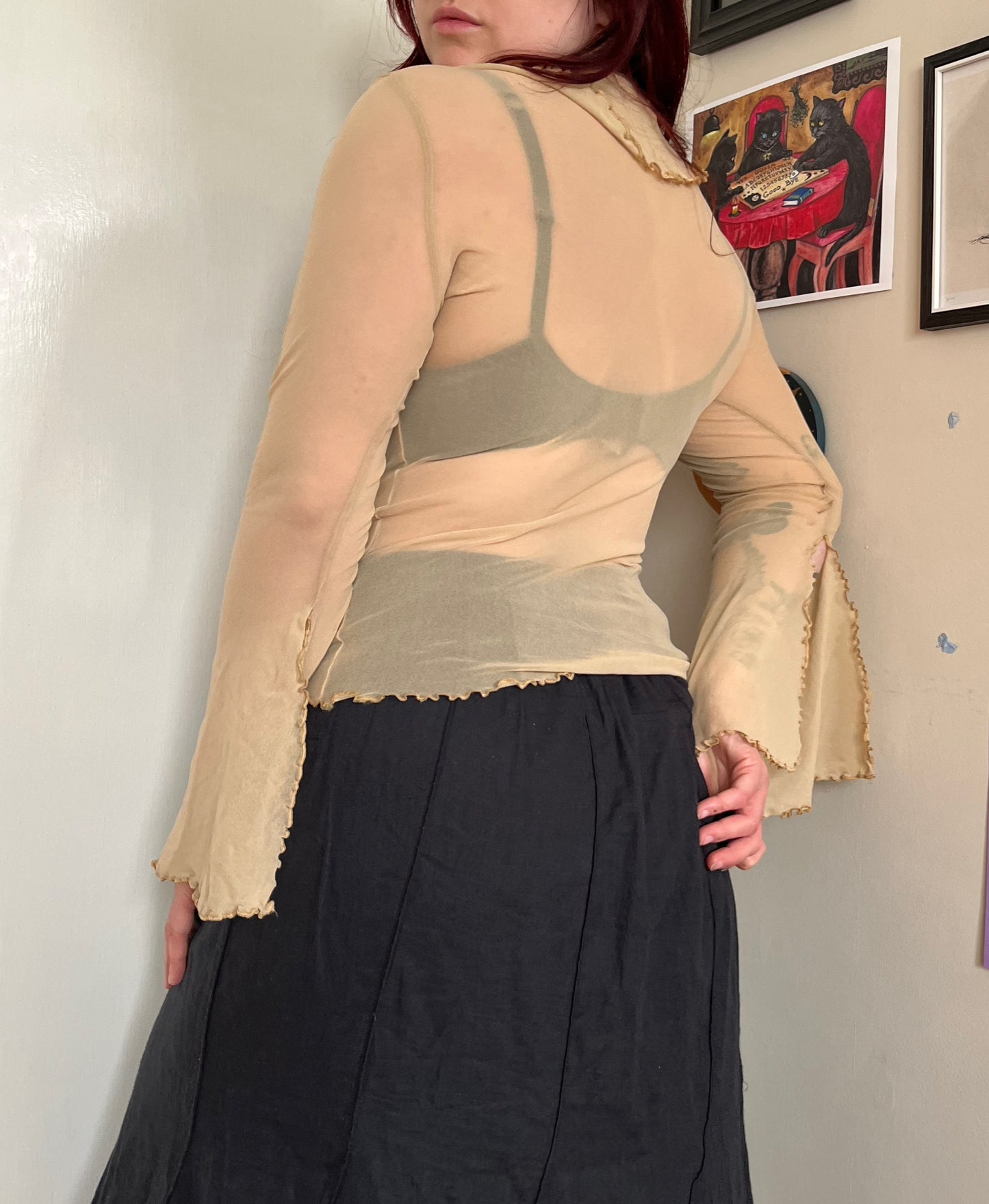 Cream Mesh Flared Sleeve Top UK 6-10