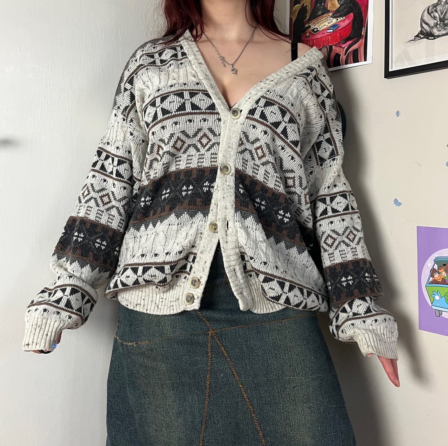 Brown and White Cardigan XXL