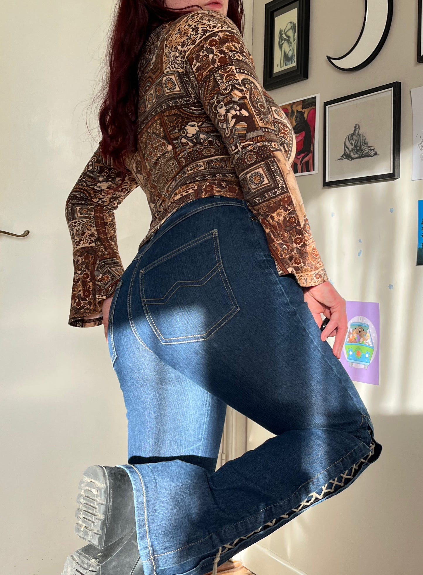 Flared Jeans With Lace Up Design - UK 8-10