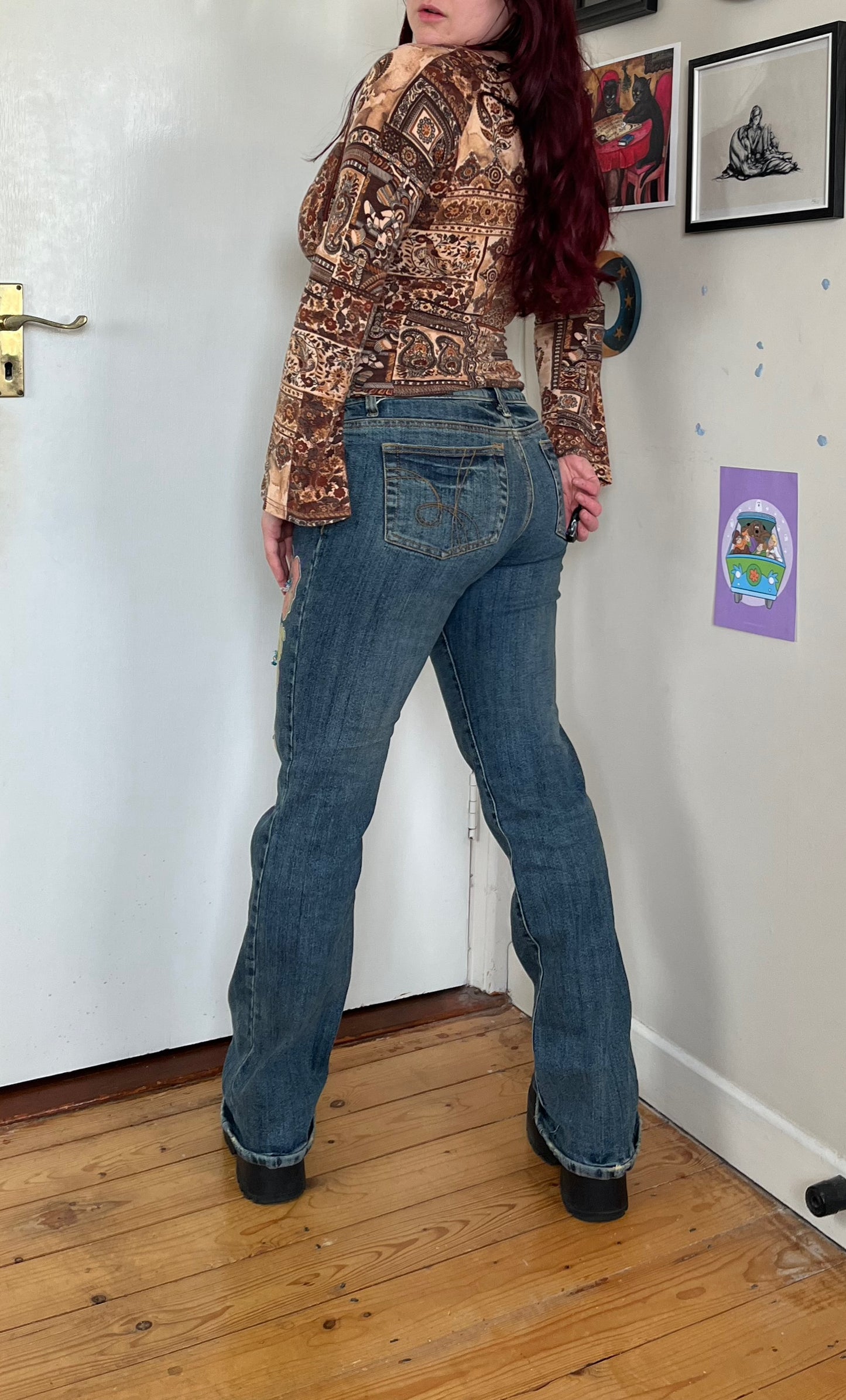 Flared Jeans With A Painted Design - UK 10