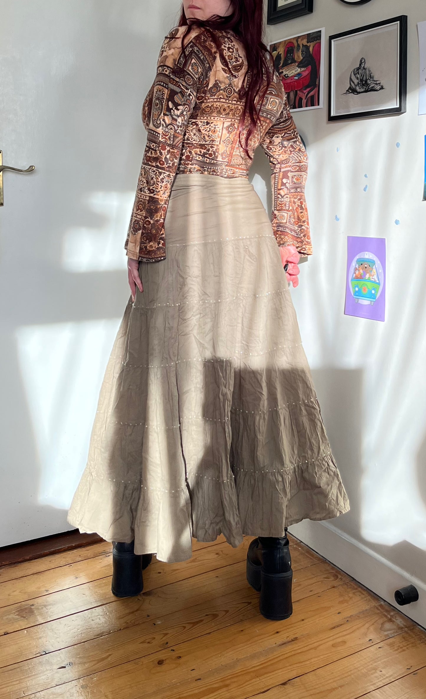 Khaki Green Tiered Skirt - UK 16