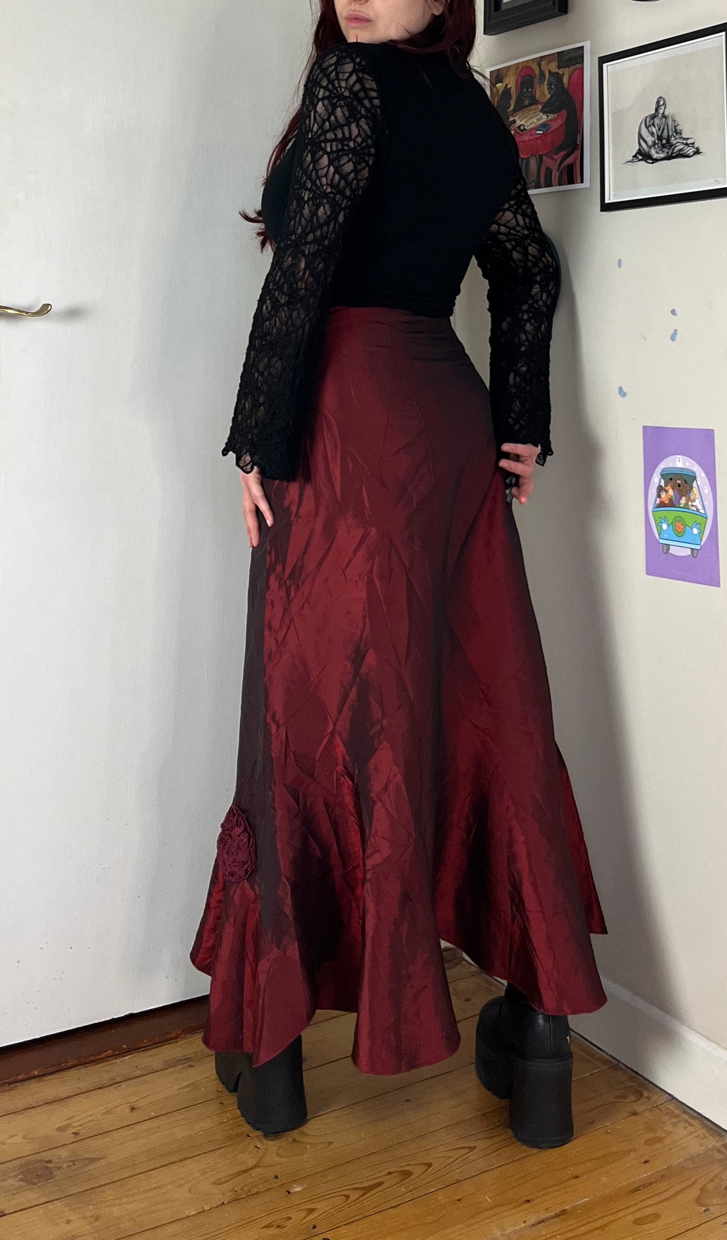 Red Satin Maxi Skirt UK 14