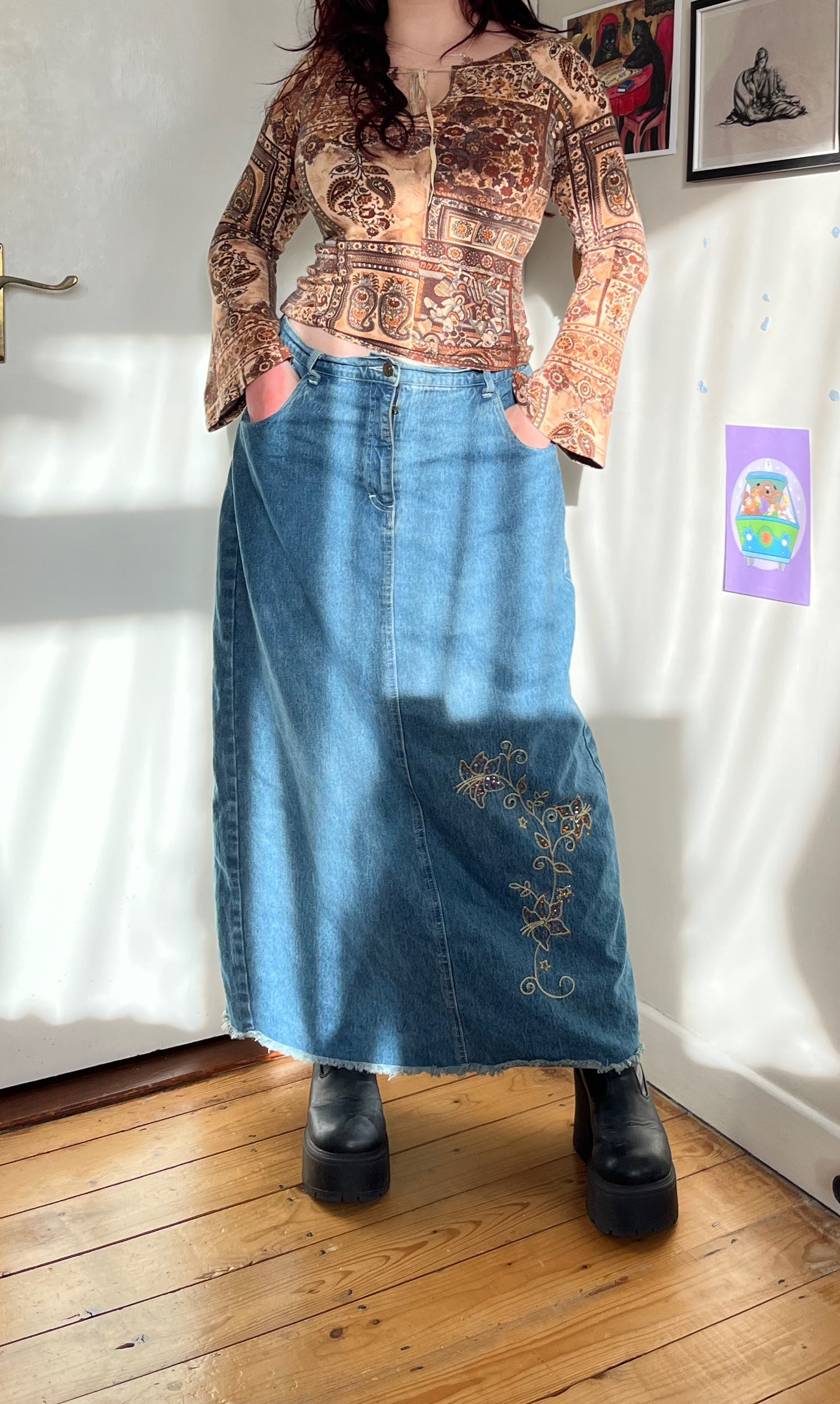 Embroidered Denim Maxi Skirt - UK 16