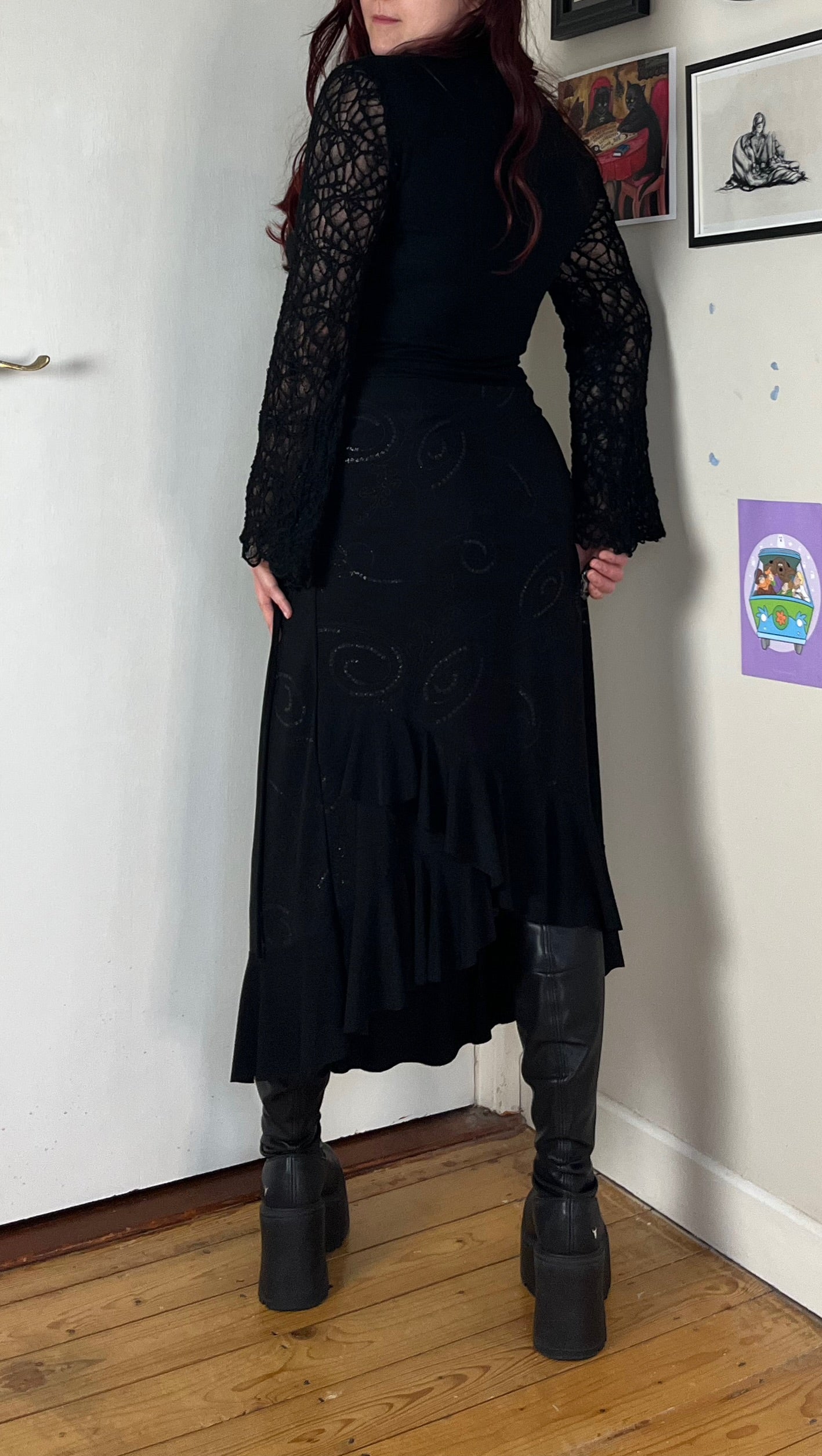 Black Midi Skirt With Swirl Design UK 10-14