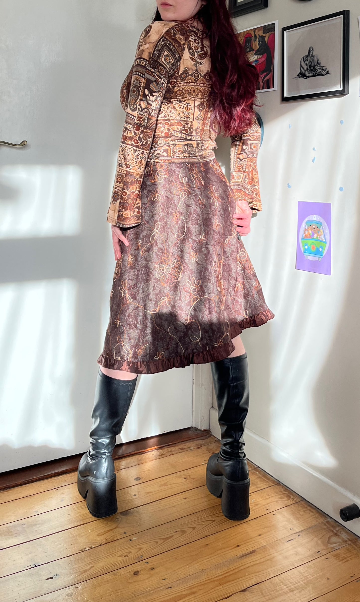 Brown Lacey Midi Skirt - UK 8