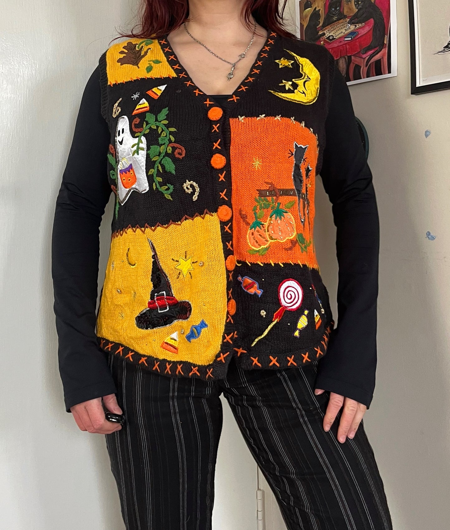Ghost Town 1990s Halloween Sweater Vest L