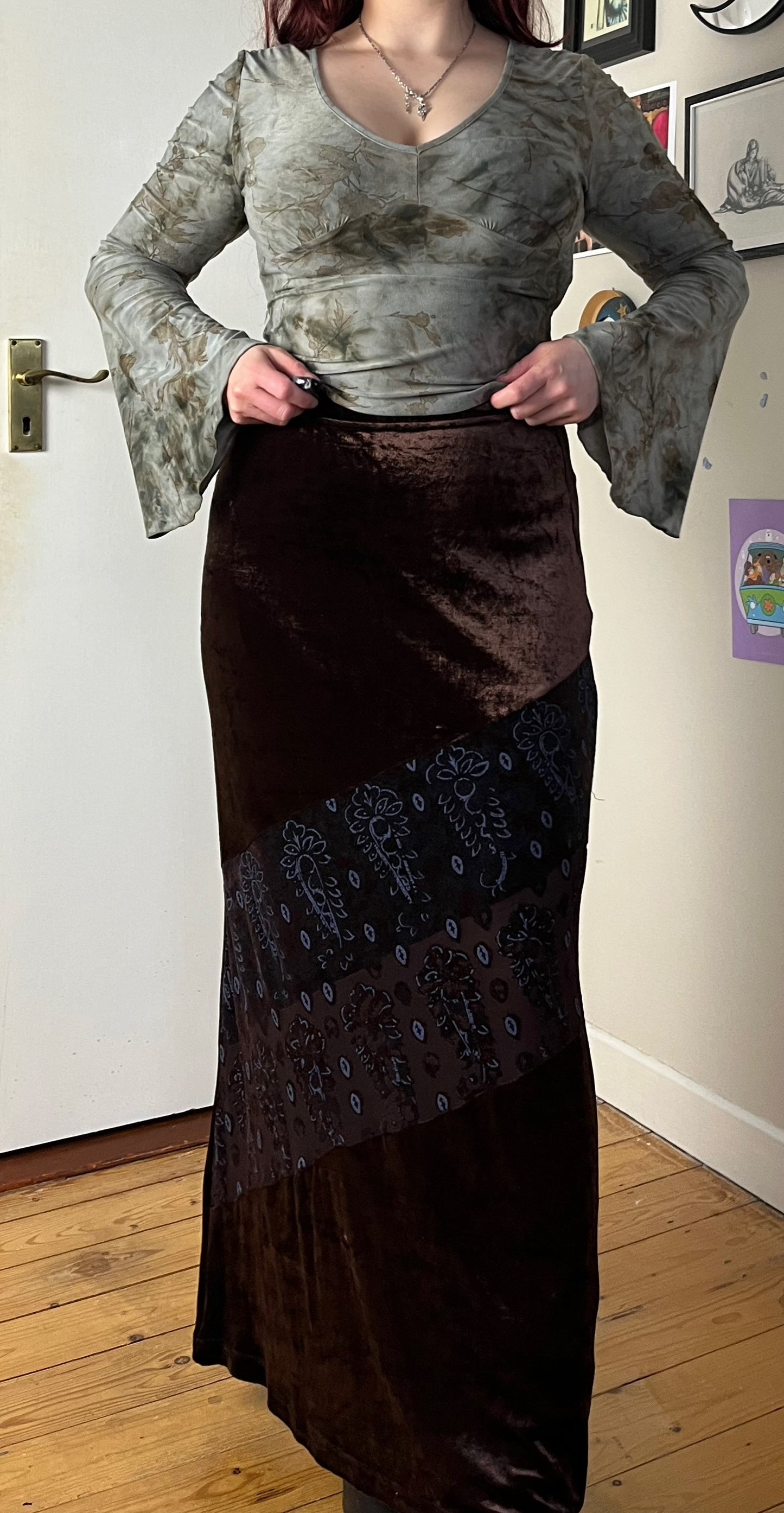 Brown Floral Velvet Skirt UK 10-12