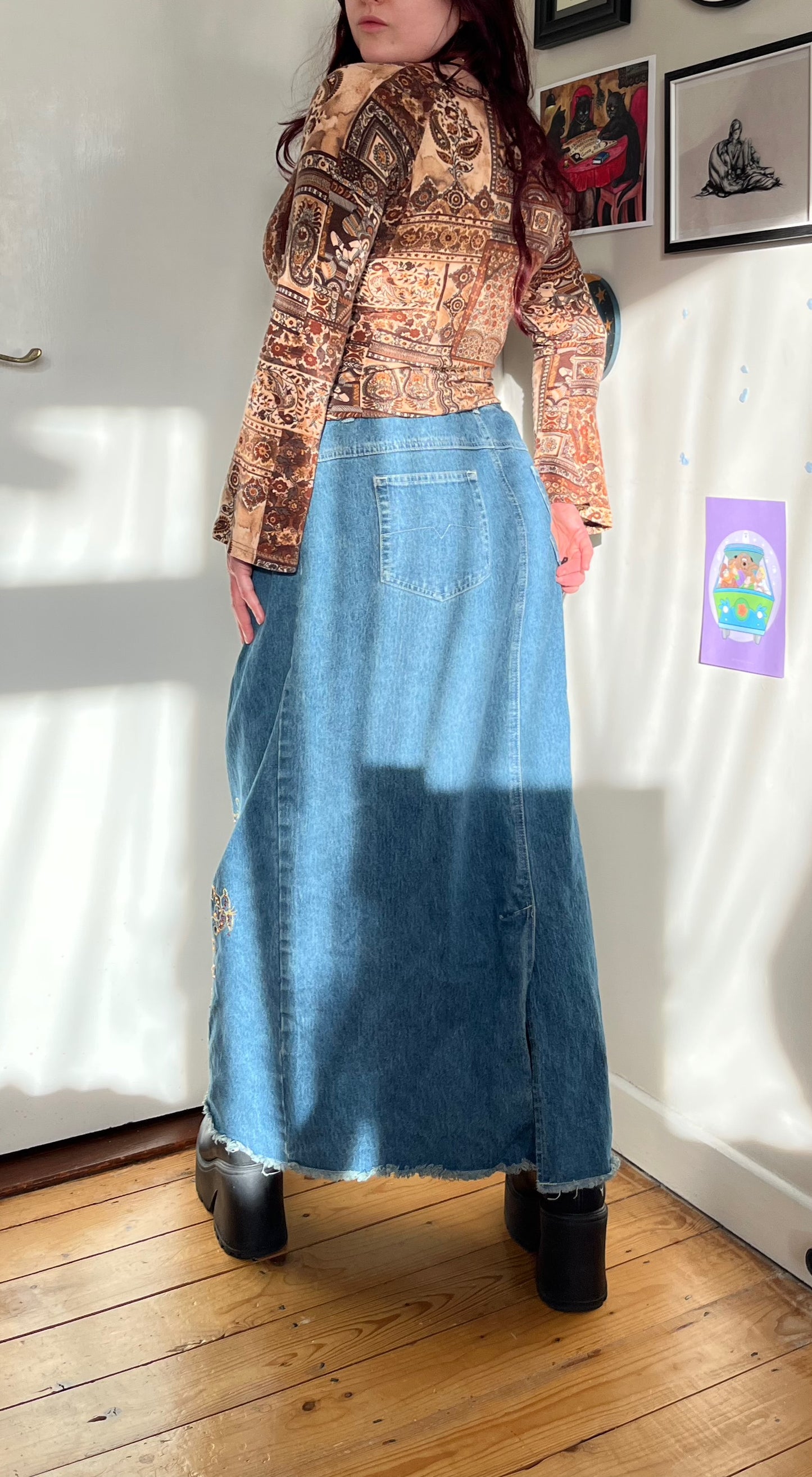 Embroidered Denim Maxi Skirt - UK 16