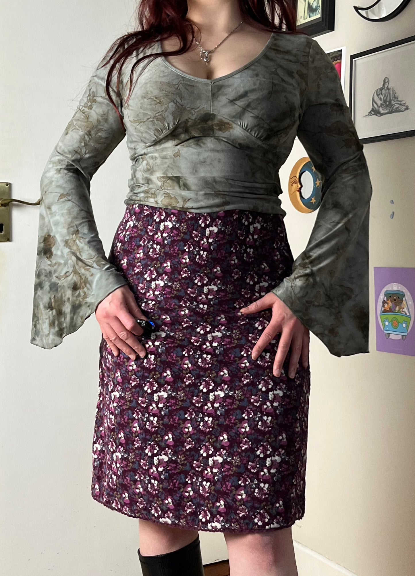 Corduroy Floral Midi Skirt UK 10