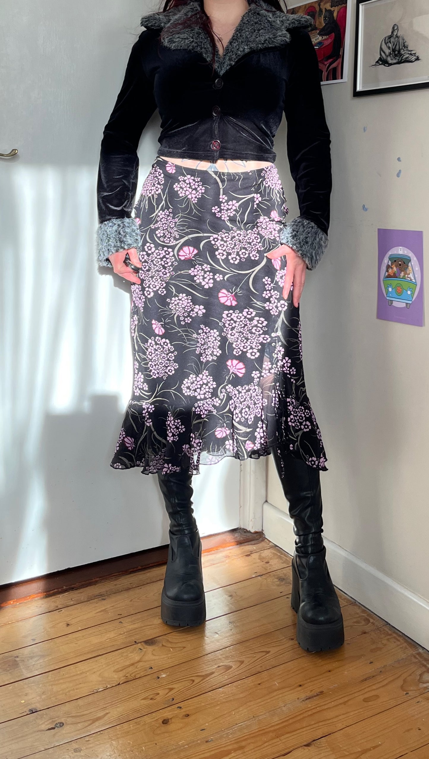 Black Floral Mesh Skirt - UK 12-14