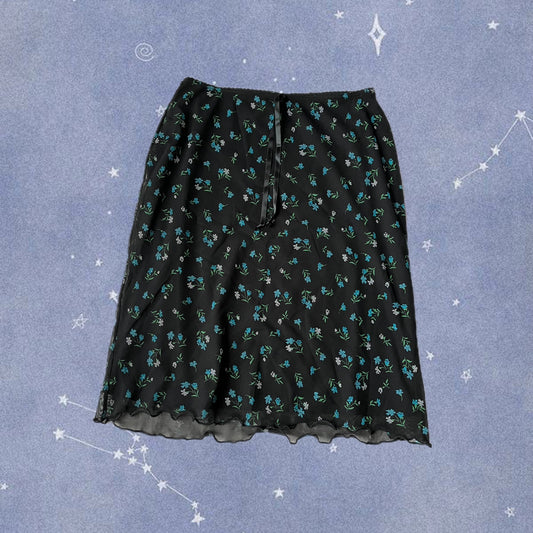 Black Floral Mesh Midi Skirt - UK 8-10