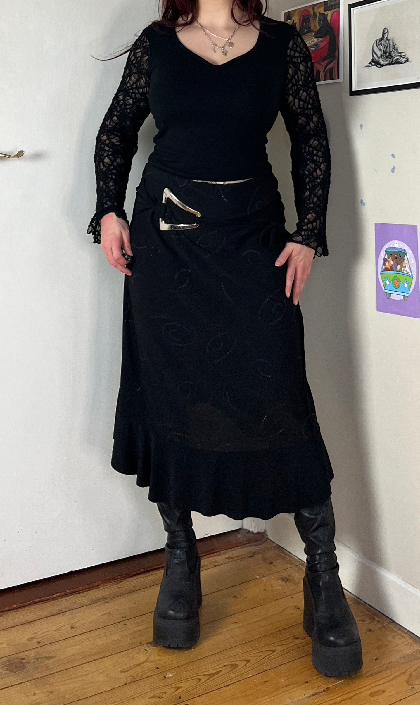 Black Midi Skirt With Swirl Design UK 10-14