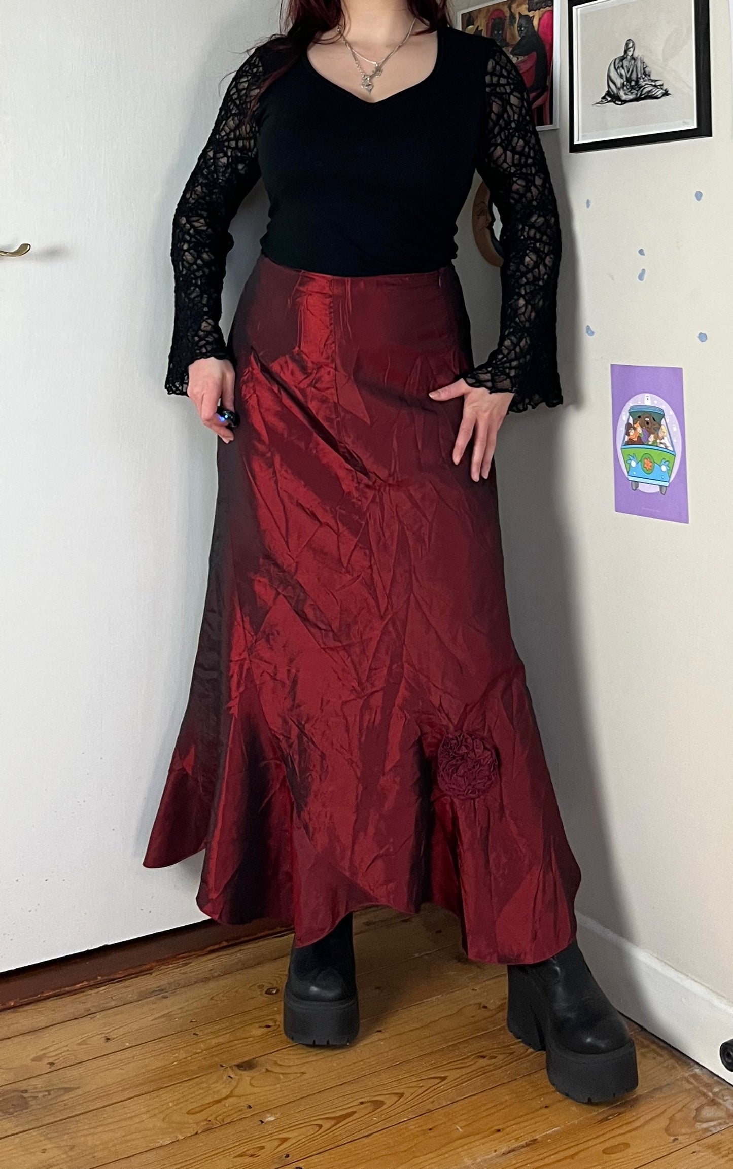 Red Satin Maxi Skirt UK 14
