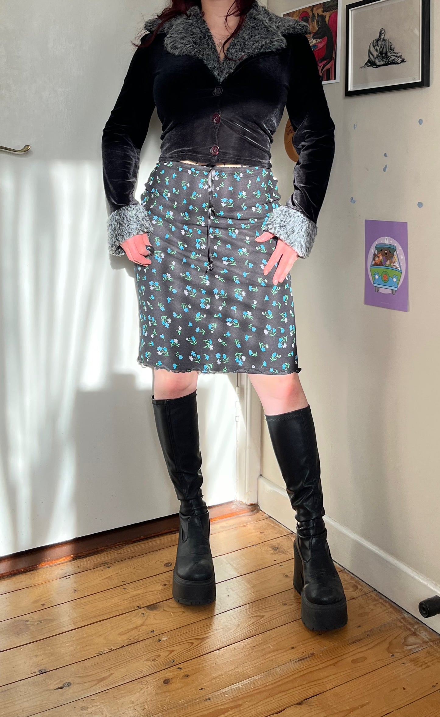 Black Floral Mesh Midi Skirt - UK 8-10