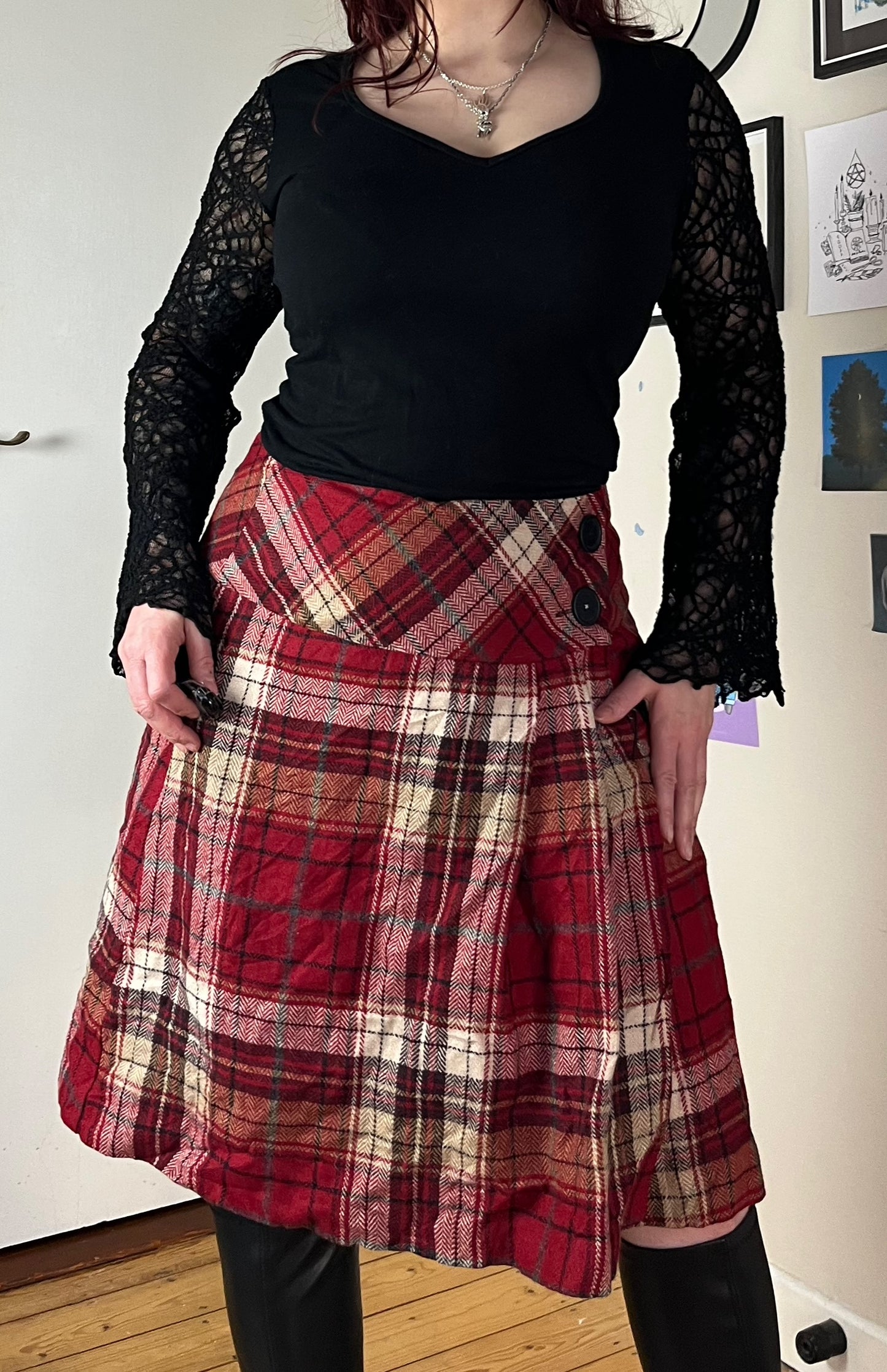 Red Tartan Midi Skirt UK 14