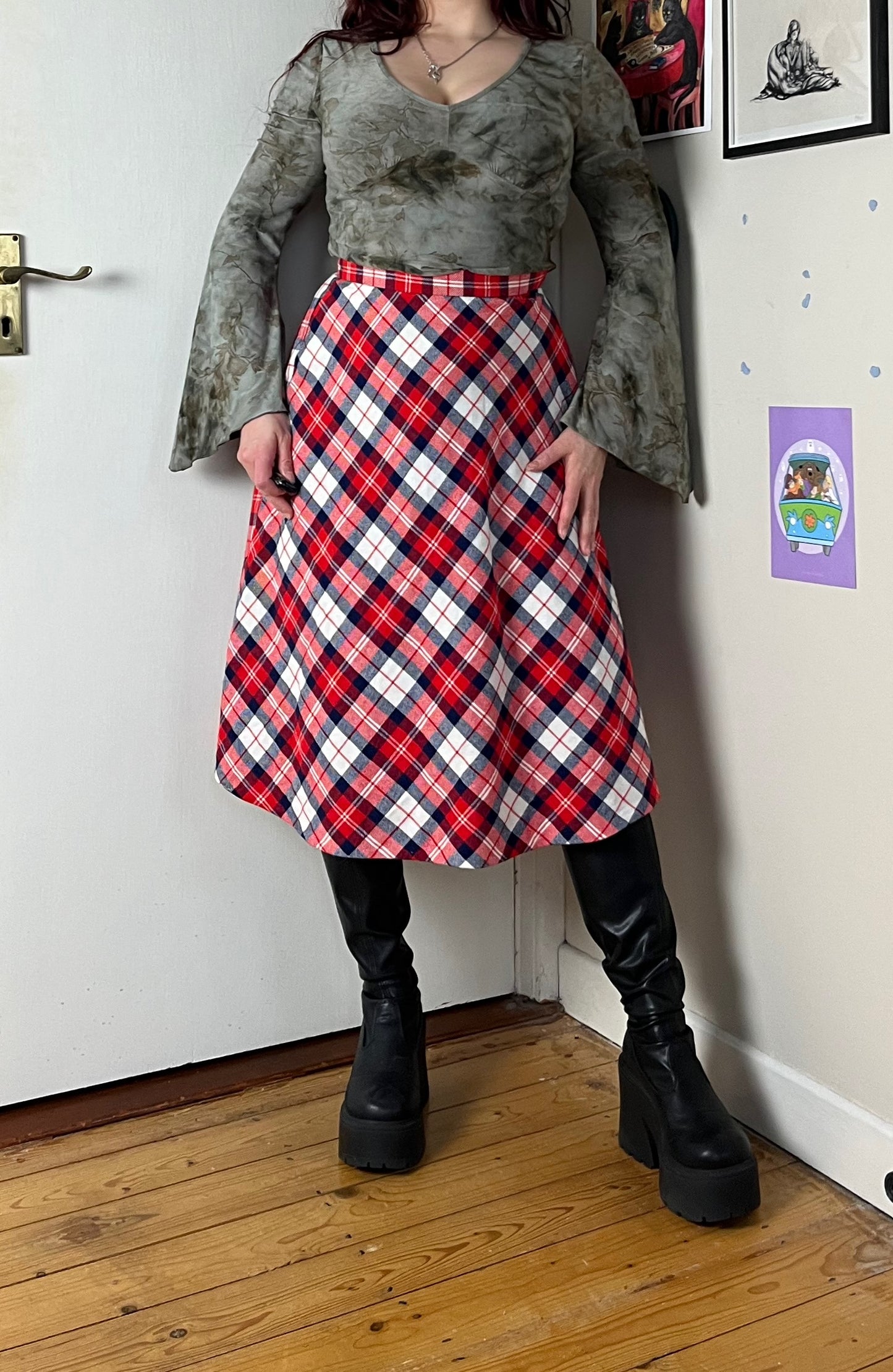 Red Tartan Midi Skirt UK 8