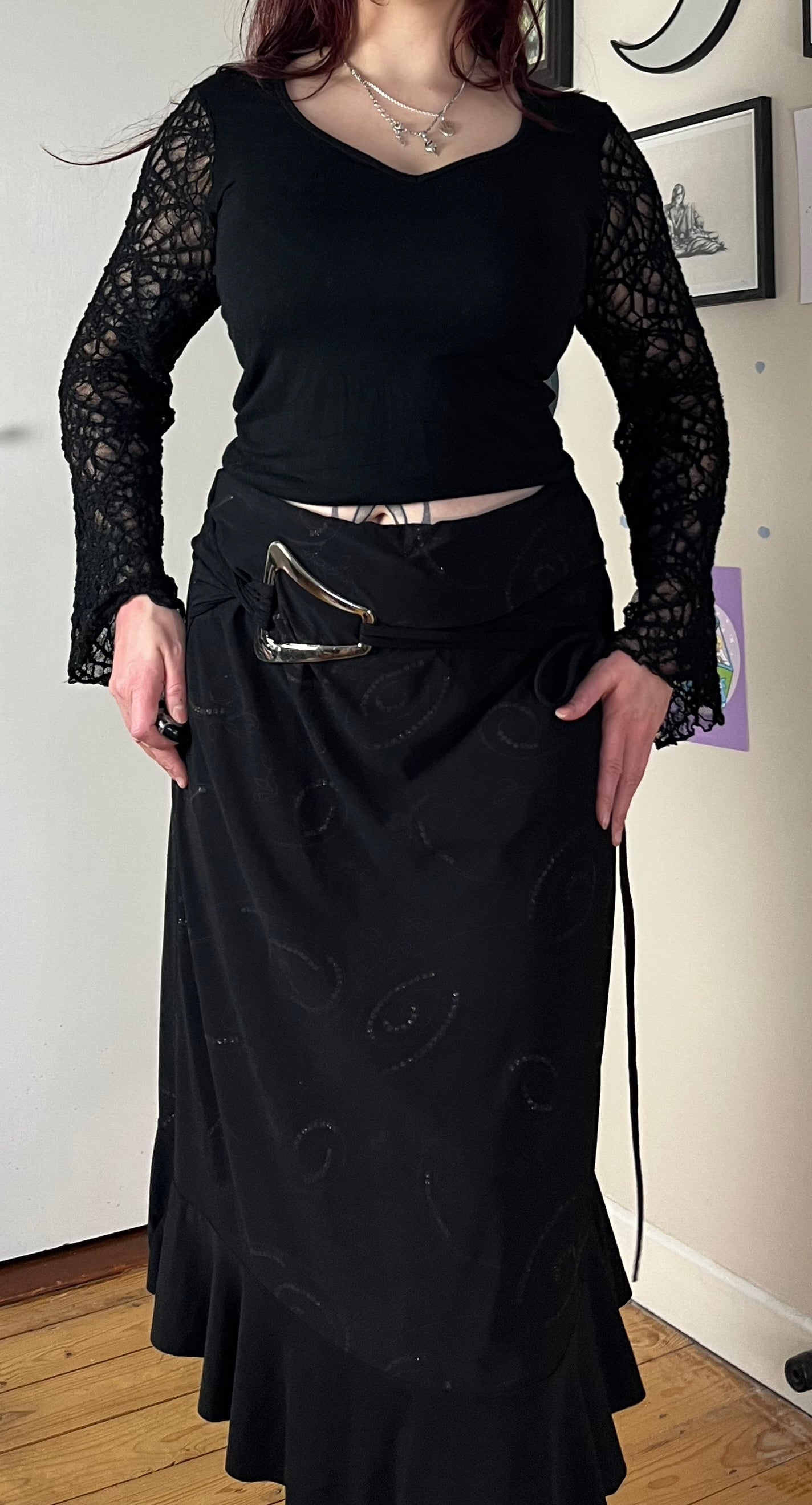 Black Midi Skirt With Swirl Design UK 10-14