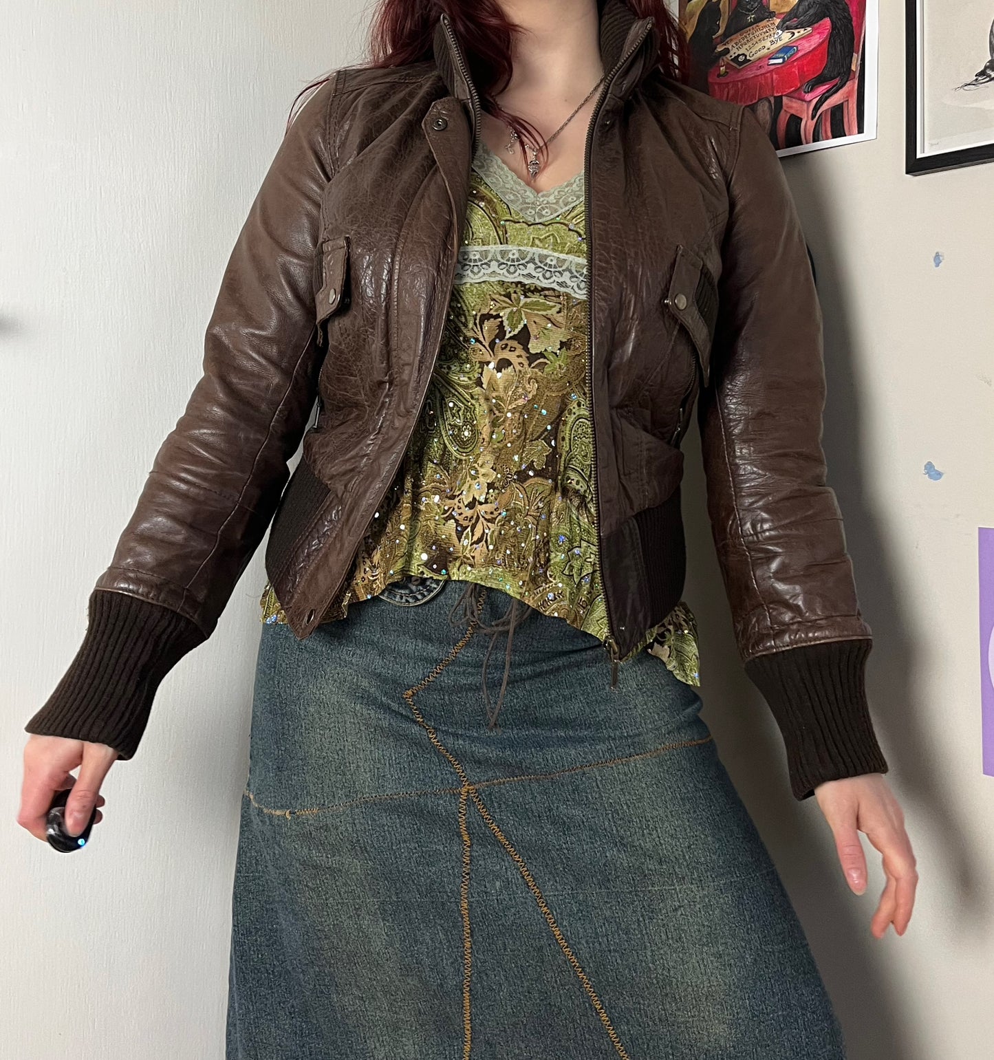 Brown Leather Bomber Jacket UK 8-10