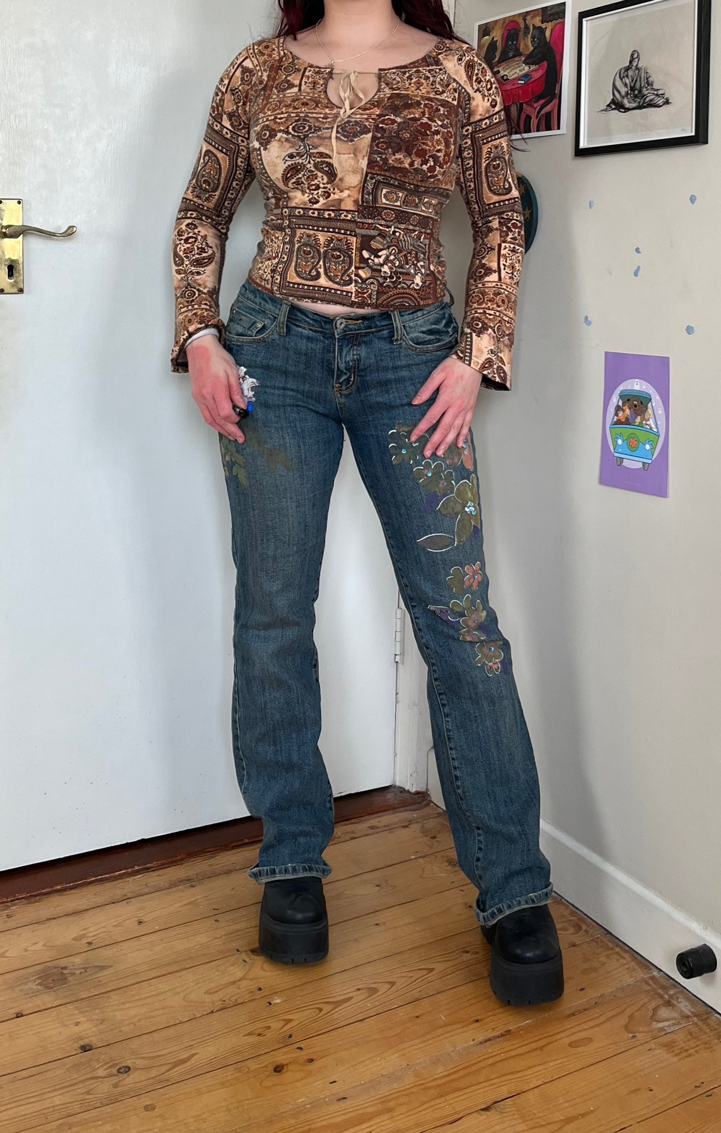 Flared Jeans With A Painted Design - UK 10