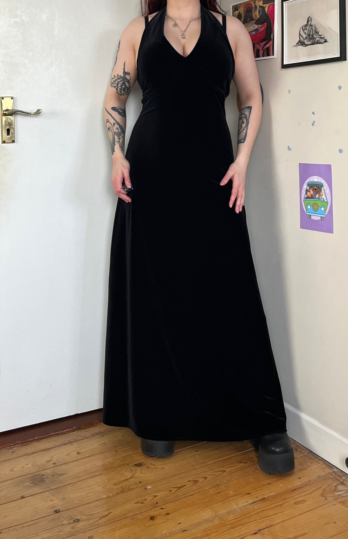 Black Velvet Halter Dress UK 12